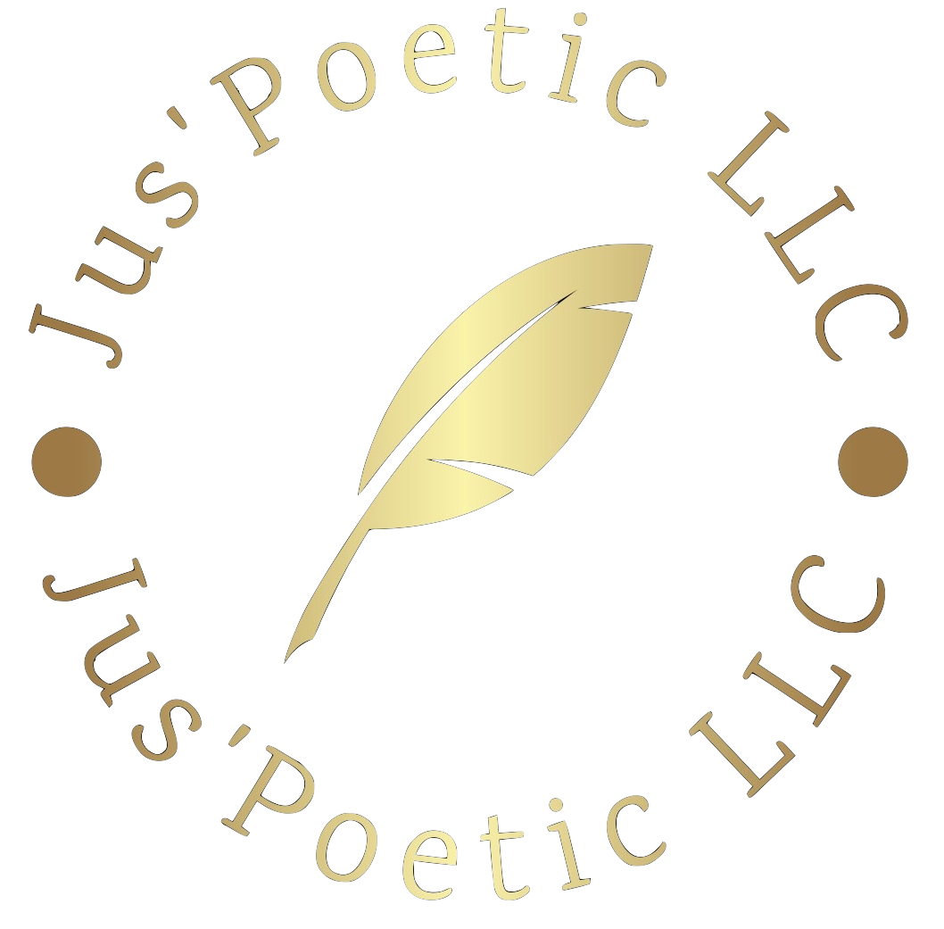 Jus’Poetic LLC gold feather logo representing poetry, healing, and empowerment for trauma survivors