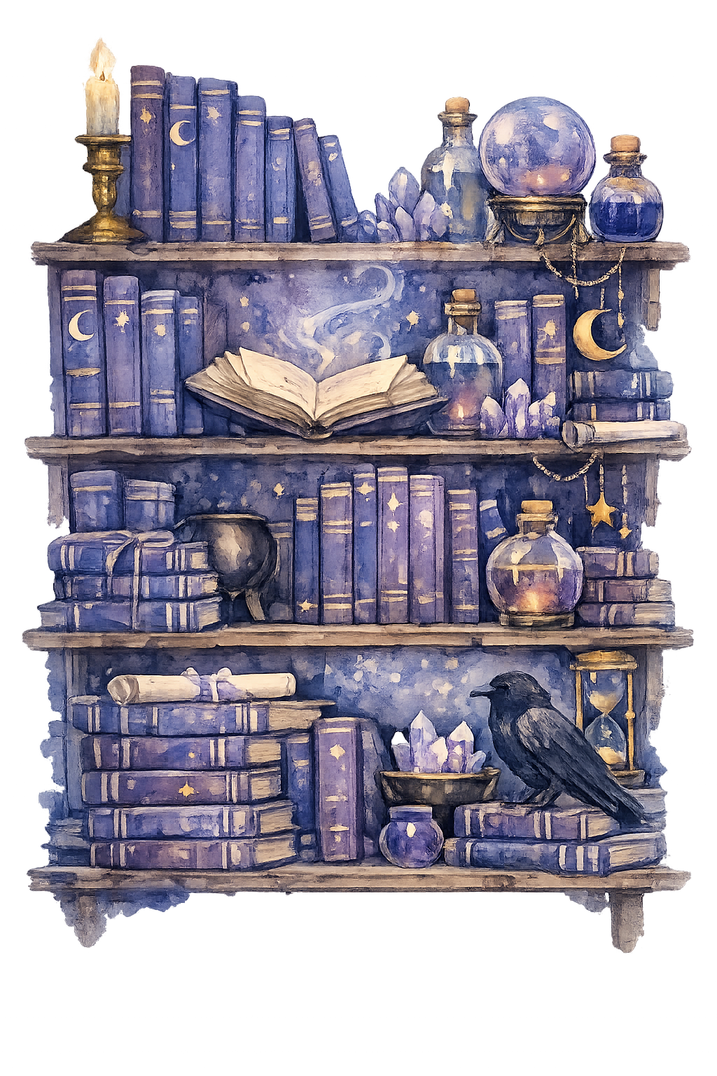 A mystical bookshelf painted in shades of purple and blue, filled with potion bottles, an open book, stacks of similarly styled books, crystals, a black crow, and celestial charms like moons and stars, creating a magical and enchanted atmosphere.