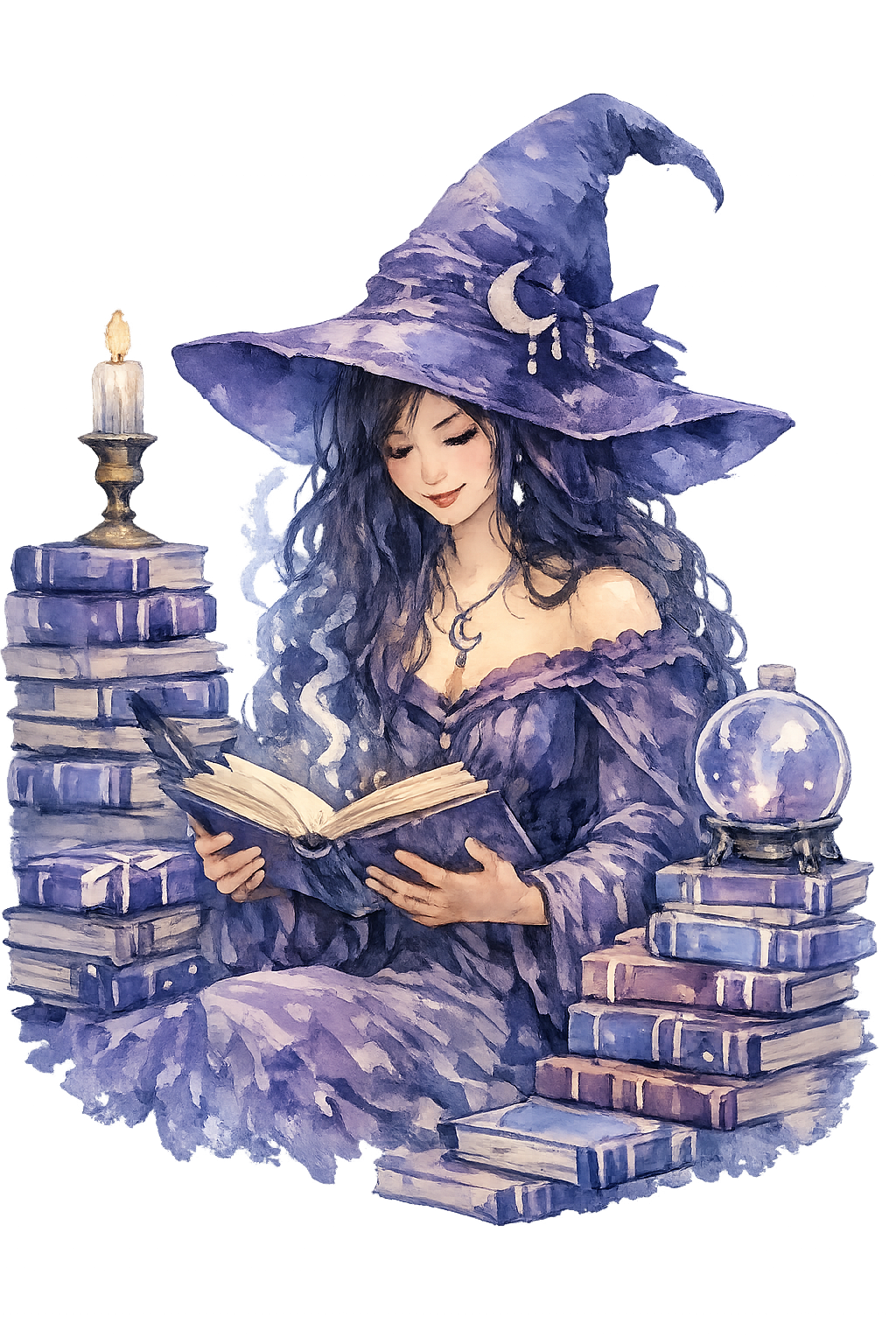 A witch with long, curly purple hair and a large purple hat decorated with a crescent moon and beads, sitting amidst stacks of books, reading a spellbook with a quill in her hand, illuminated by a candle and a crystal ball.