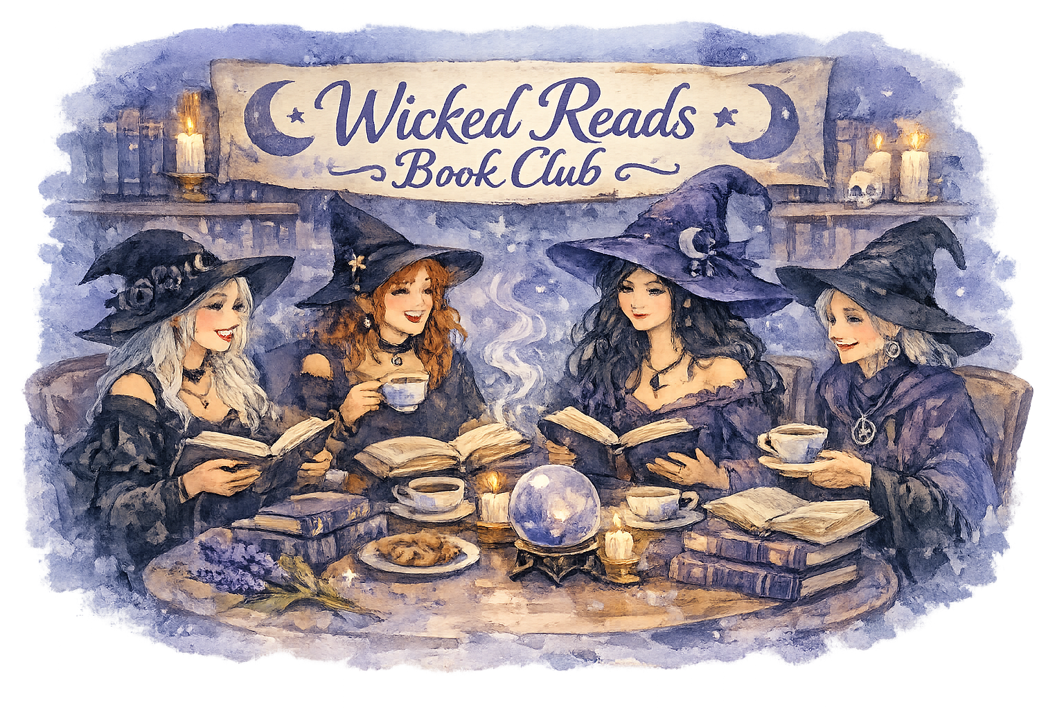 Illustration of four women dressed as witches sitting at a table with books, teacups, candles, and snacks, under a banner that reads 'Wicked Reads Book Club' with crescent moons and stars, in a mystical, cozy setting.