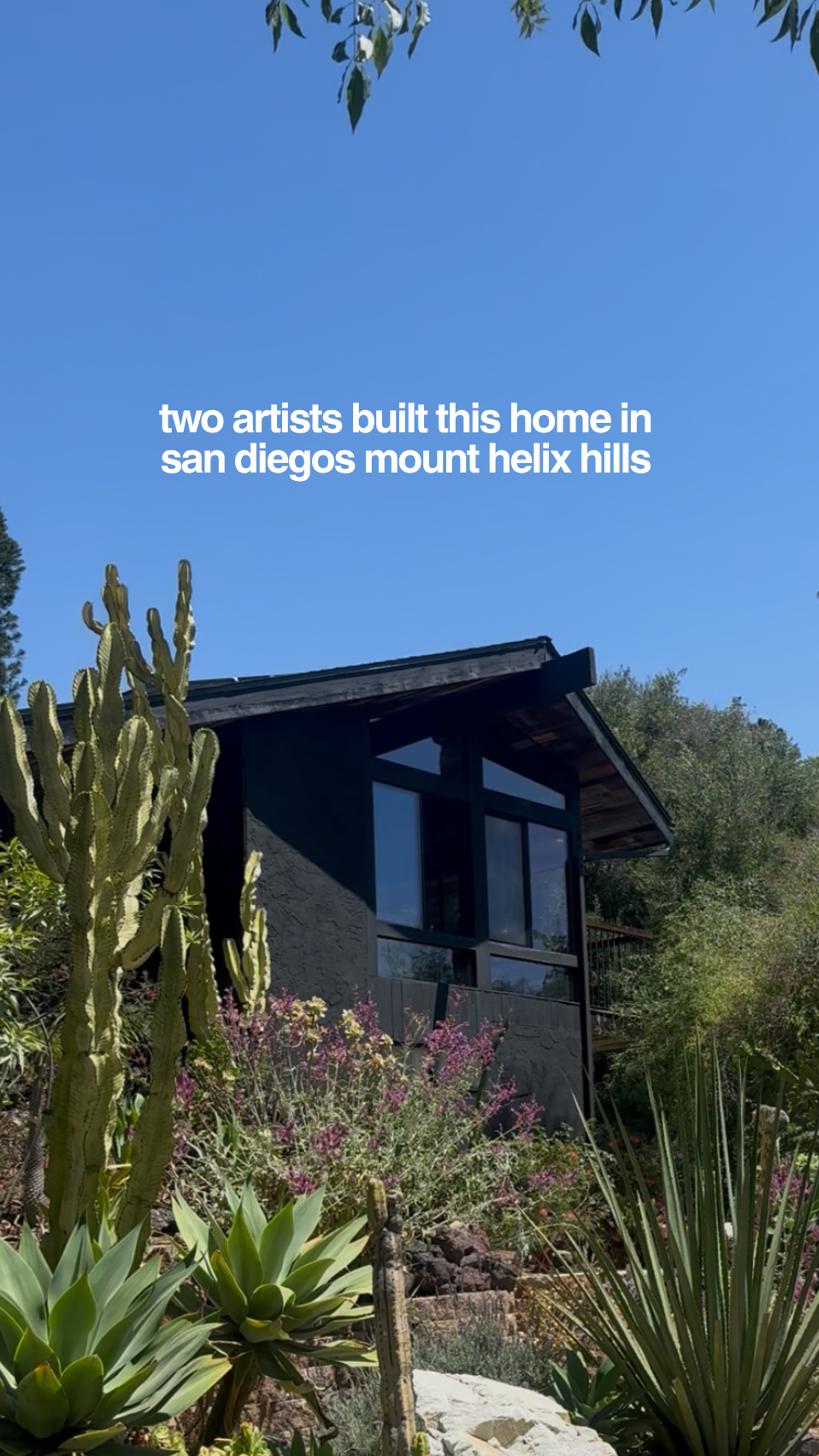 A modern house built into a hillside with large windows, surrounded by desert plants including cacti, succulents, and bushes, under a clear blue sky.