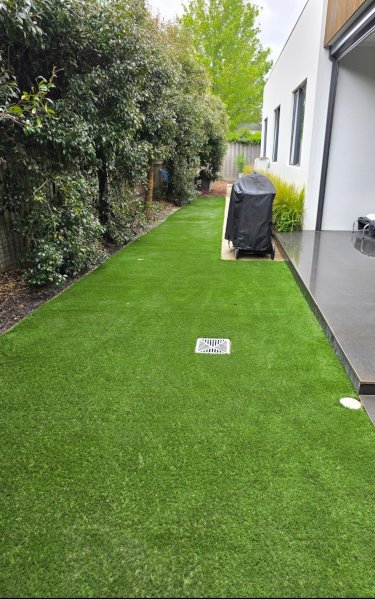 Backyard with a lush green artificial turf lawn, a white house wall on the right, and a covered grill near the house. Tall trees and shrubs line the left side of the yard.