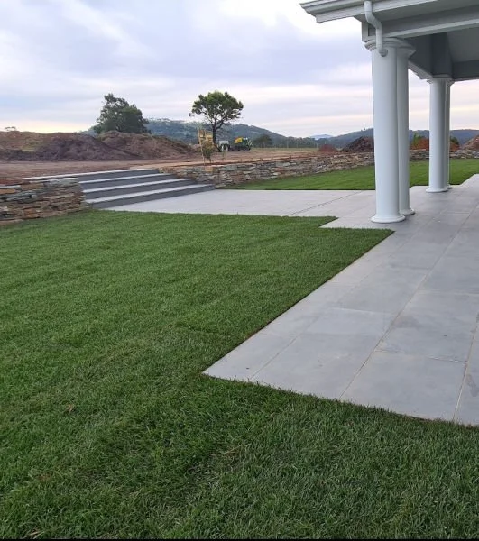 fresh turf leading to paved patio around house