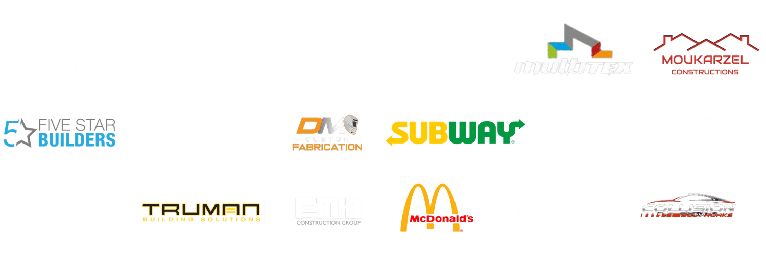 Collection of various company logos including IconLiving, ScopeView Projects, Iron-Force, Premier Architects, Multitex, Moukarzel Constructions, Five Star Builders, Telford, Custom Fabrication, Subway, World Gym, Recoveryco, Luxury Living Projects, Trumap, Eth Construction, McDonald's, IG, SH2 Hand Operated, Collision Bodyworks.