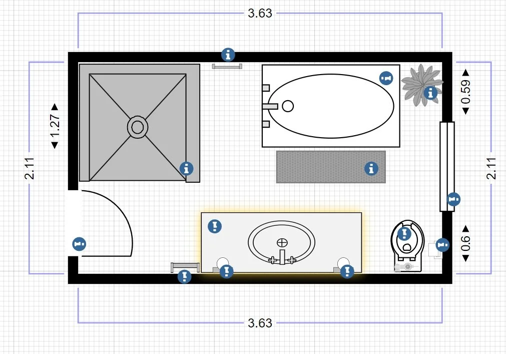Floor plan of a bathroom with dimensions, showing a shower stall in the top left corner, a bathtub along the top wall, a toilet in the bottom right corner, and a sink in the bottom center. There are information icons on various fixtures and walls.
