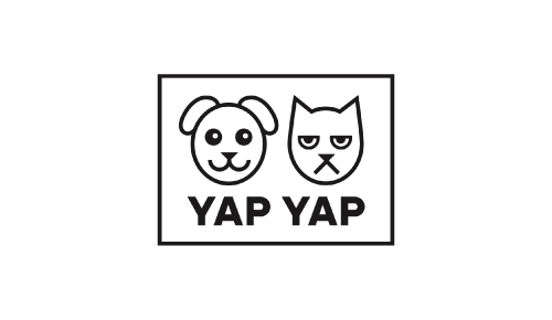 Black background with a white rectangle featuring a cartoon dog and cat, with the text "YAP YAP" below them. By PIESKOT
