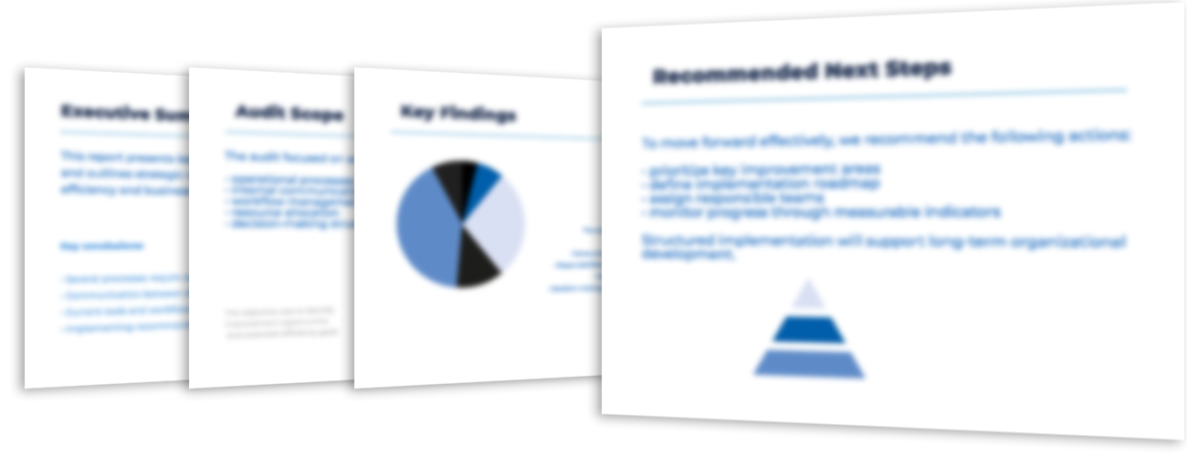 Blurred presentation slides with text and a pie chart, titled 'Recommended Next Steps', regarding project development.