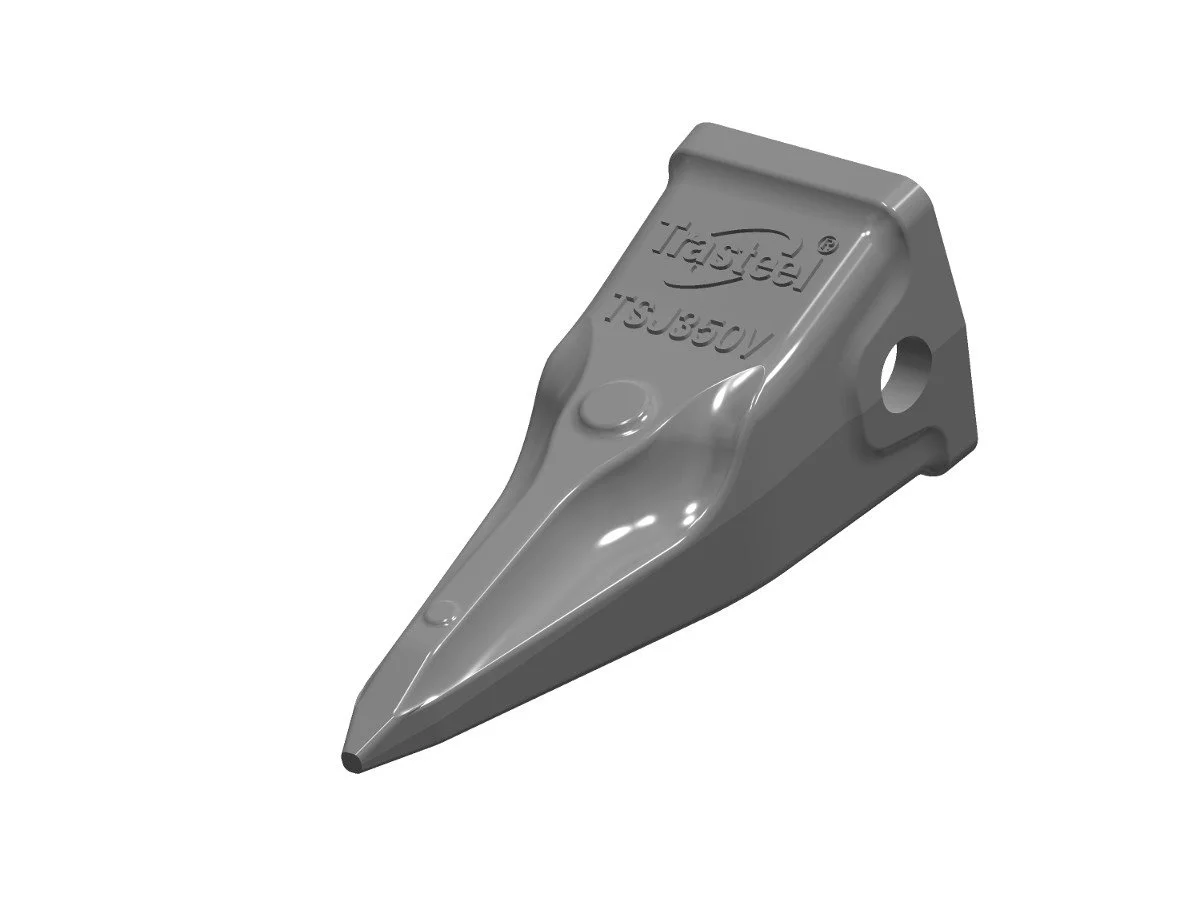 Metal excavator bucket tooth pointing downwards, with engraved text and mounting hole, used for digging or excavation machinery.