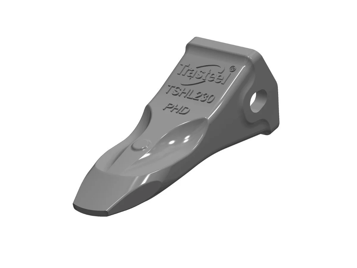 A gray excavator bucket tooth with the label 'Jigsteel TSHL280 PH0' on it.