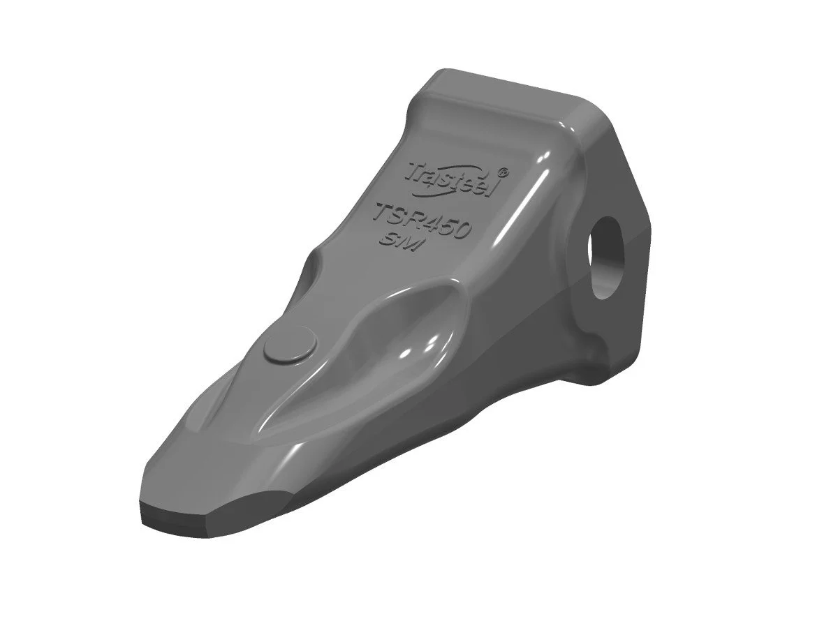 A gray industrial machinery component with engraved text and a hole on one end.