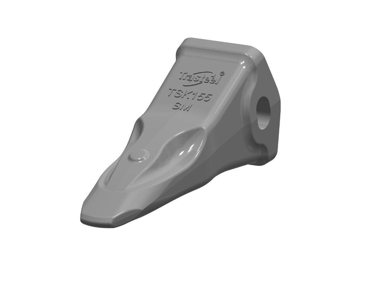 A gray excavator bucket tooth with brand markings, used for digging.