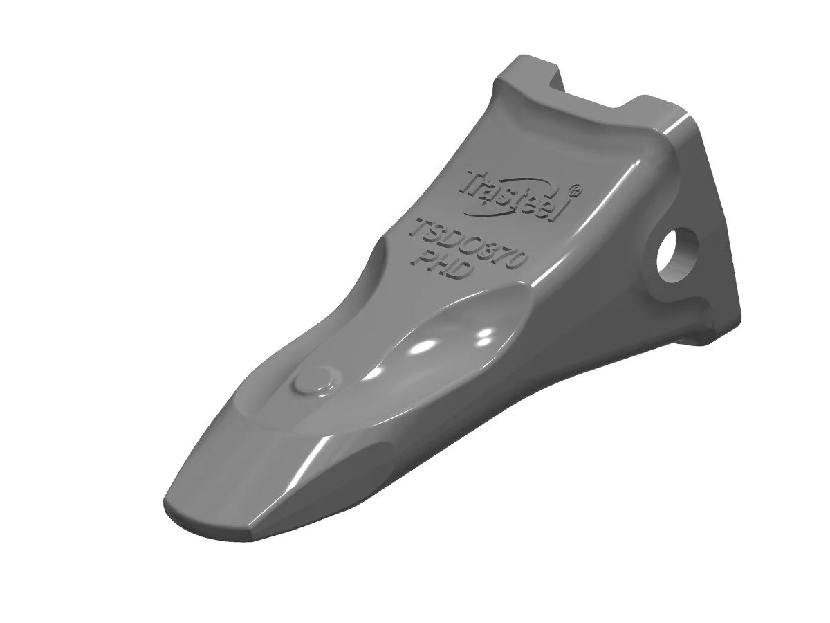 A metal excavator bucket tooth attachment.