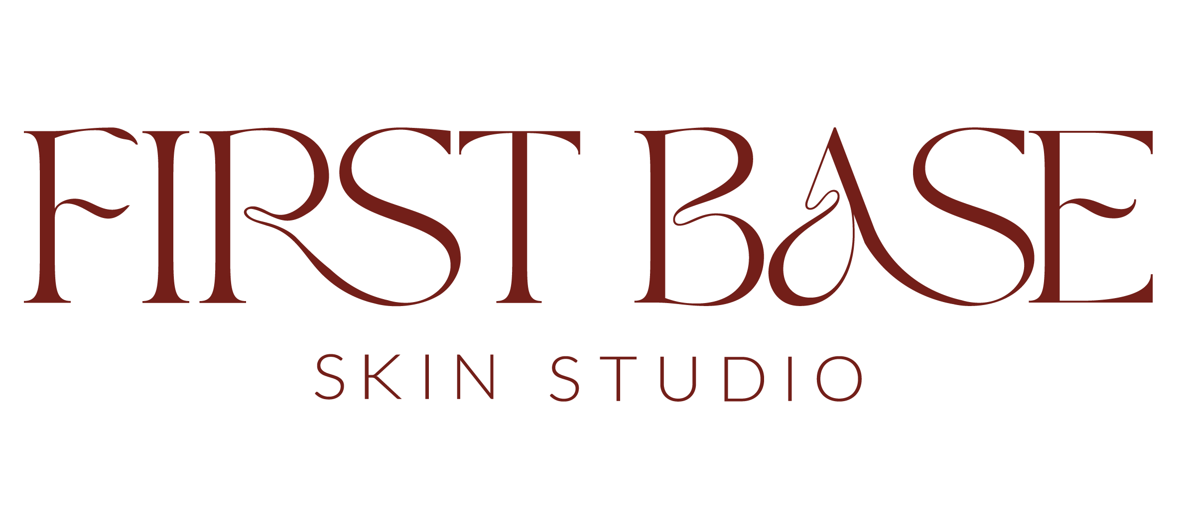 Logo for First Base Skin Studio with stylized text in dark red on a black background.