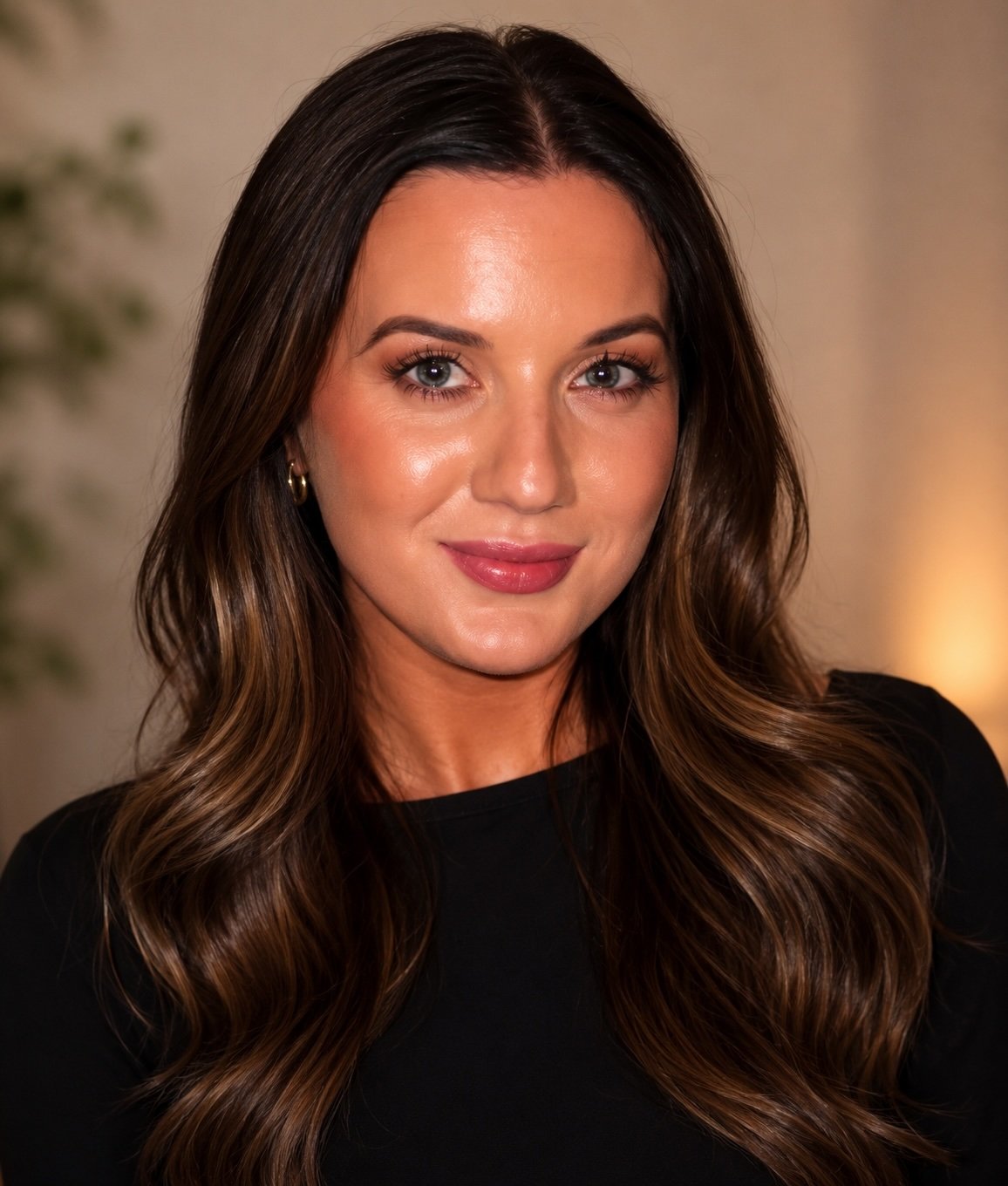 A portrait of a woman with long wavy brown hair, wearing a black top, smiling softly, with a neutral blurred background.