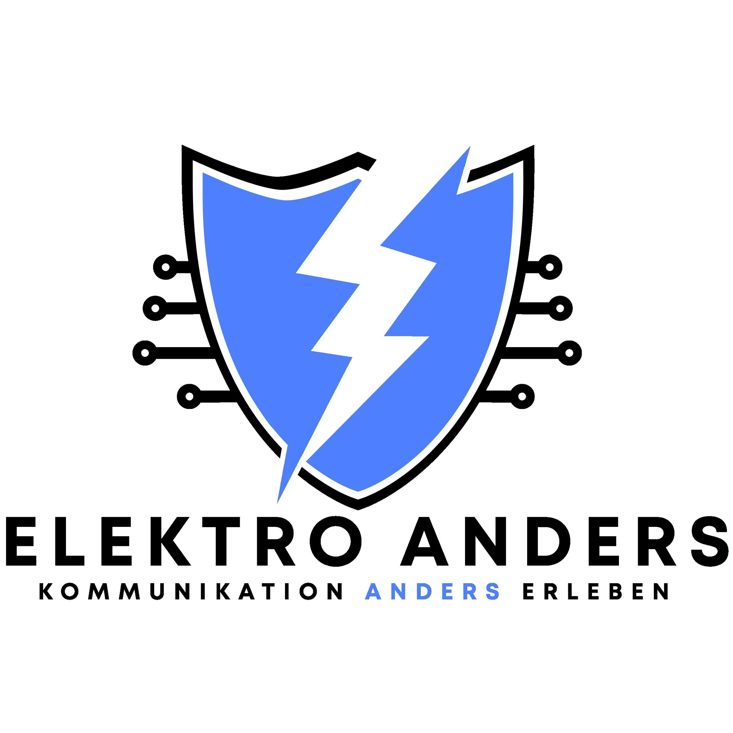Logo eines Elektrounternehmens mit blauem und schwarzem Design, darunter der Slogan 'Kommunikation anders erleben'.