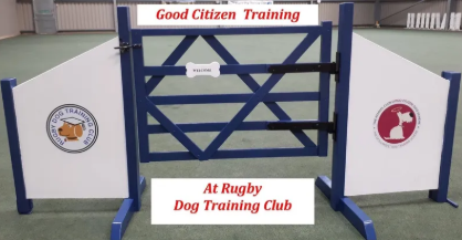 A small gate with signs for 'Good Citizen Training At Rugby Dog Training Club' on a green floor in the training barn.