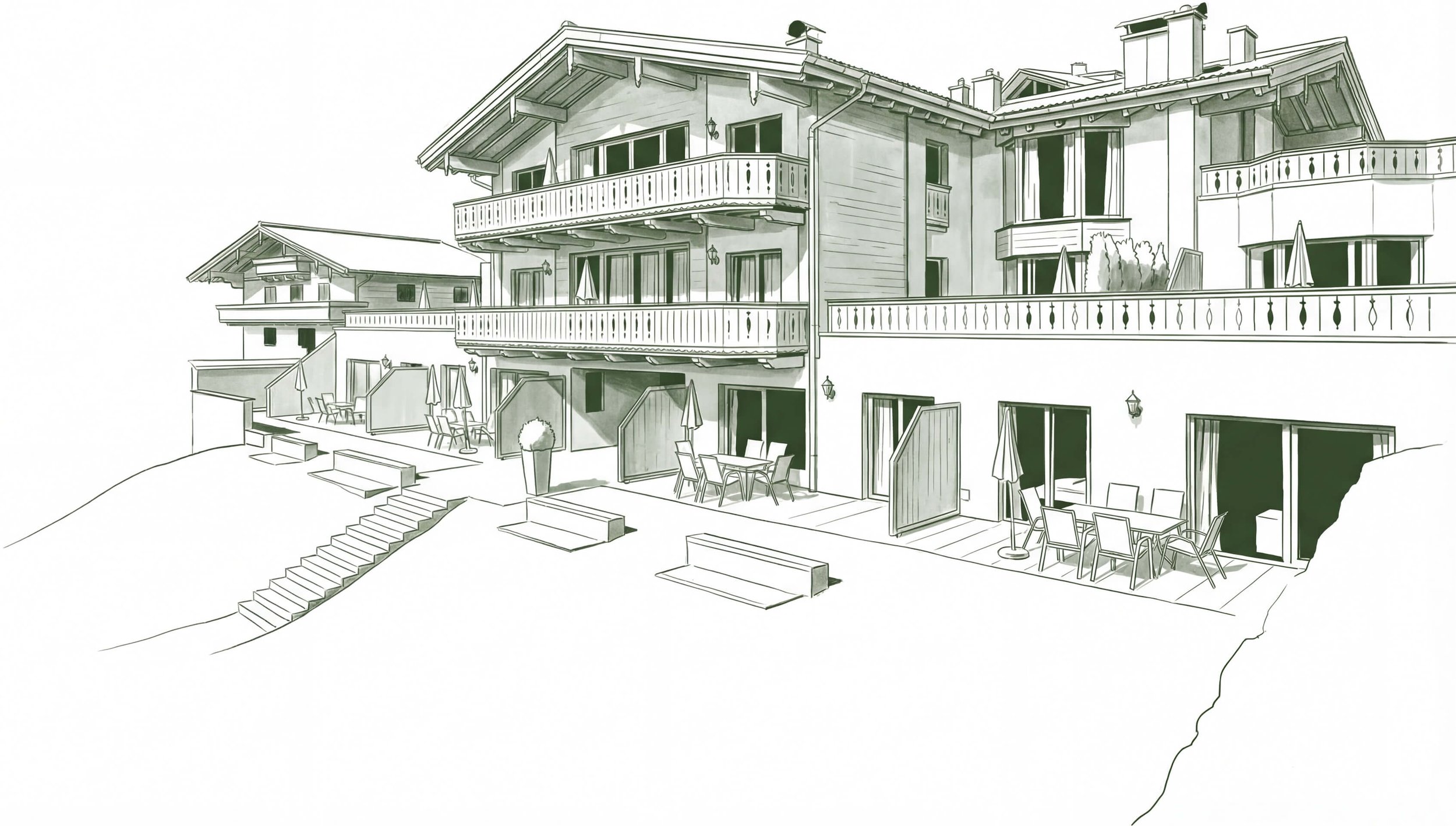 Architekturzeichnung der eder VIEW Apartments in Maria Alm am Hochkönig mit Terrassen und Bergblick.