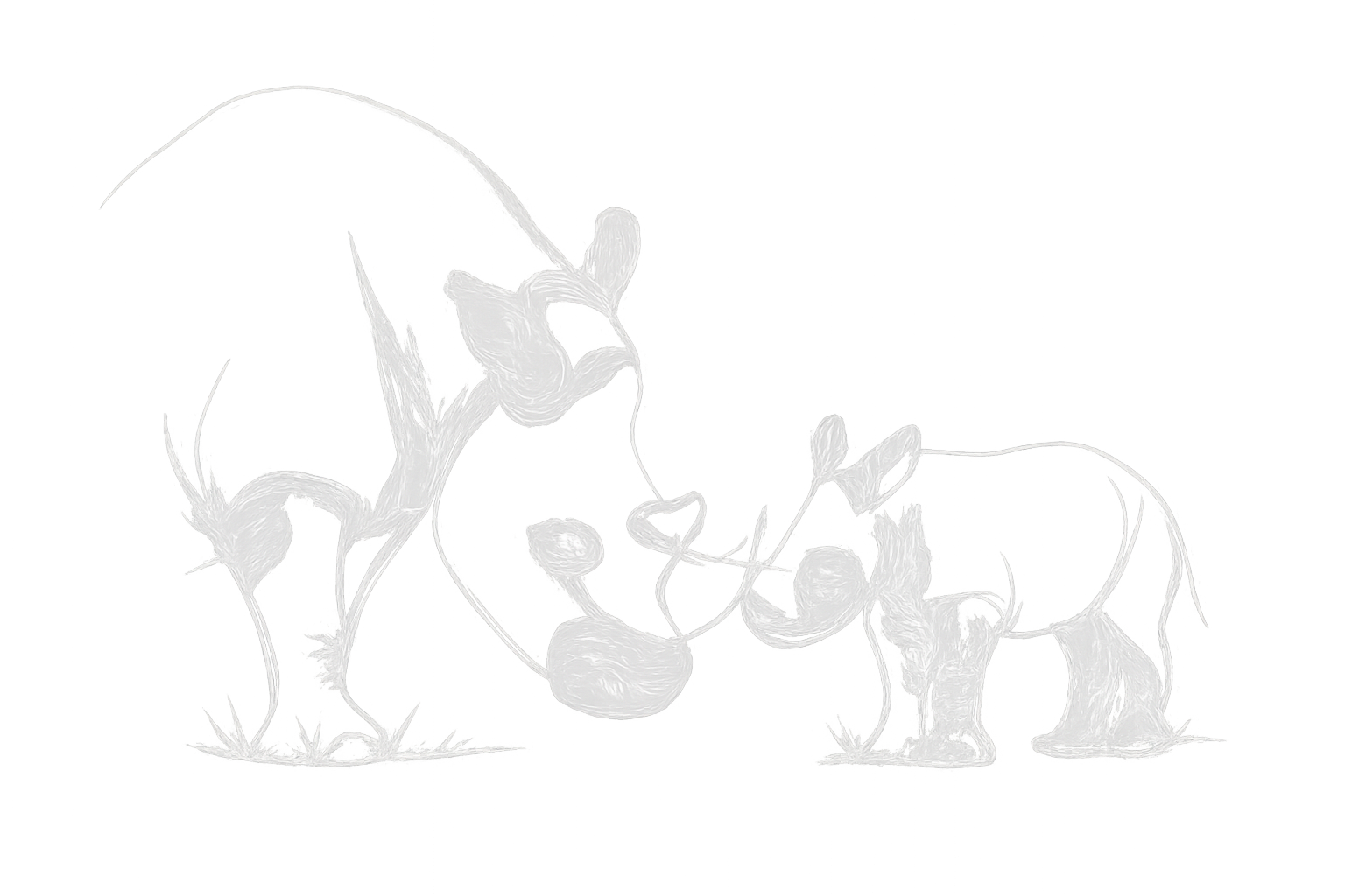Dessins de deux rhinocéros blancs avec des cœurs entre eux, sur un fond noir.