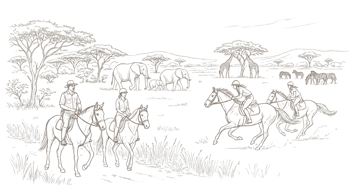 Soustraction monochrome d'une scène de safari avec des animaux sauvages, des guides à cheval, et des acacias dans un paysage africain.