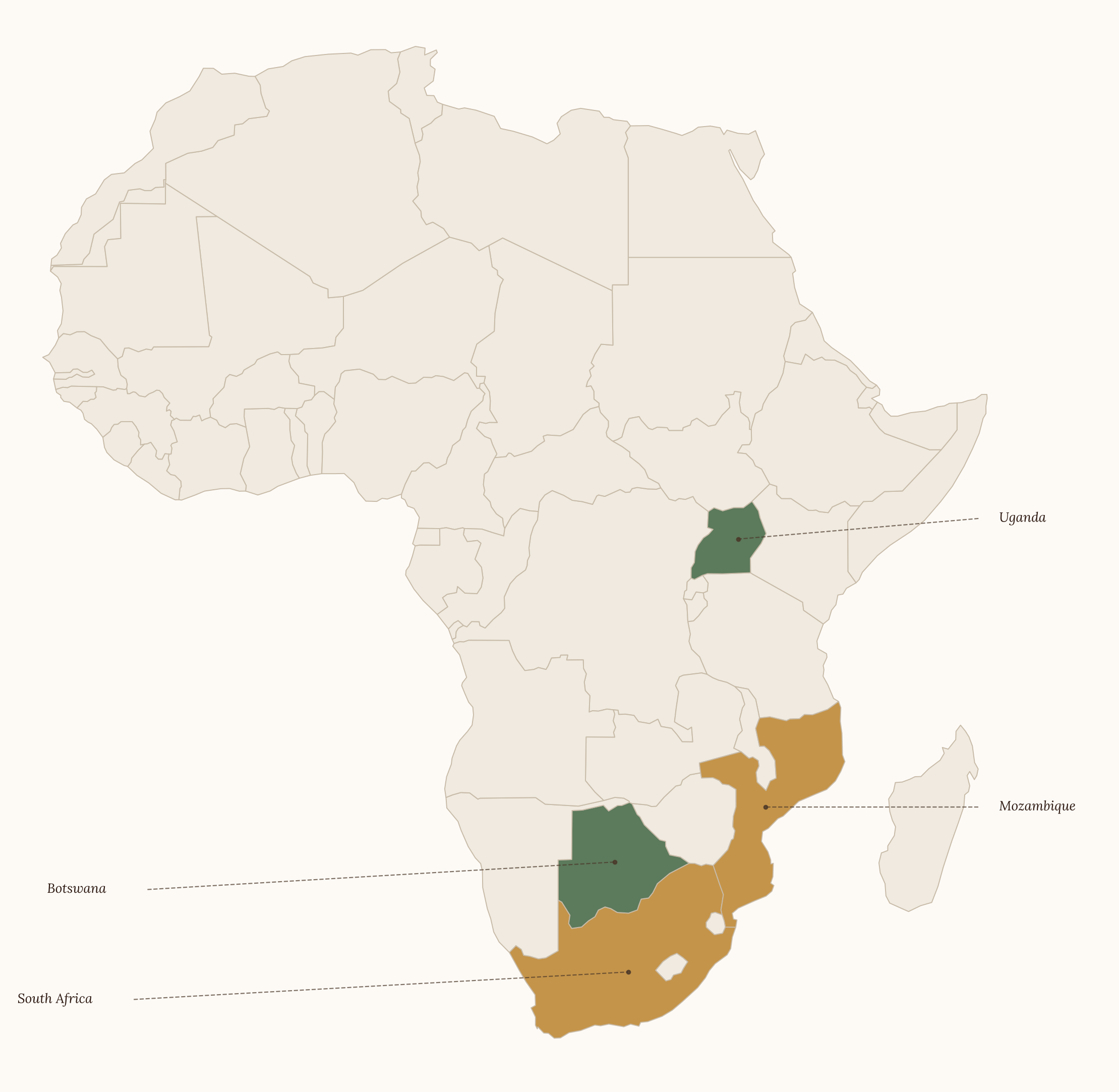 Carte de l'Afrique avec certains pays colorés en vert, marron ou orange, dont l'Afrique du Sud, le Mozambique, le Botswana, l'Ouganda, etc.