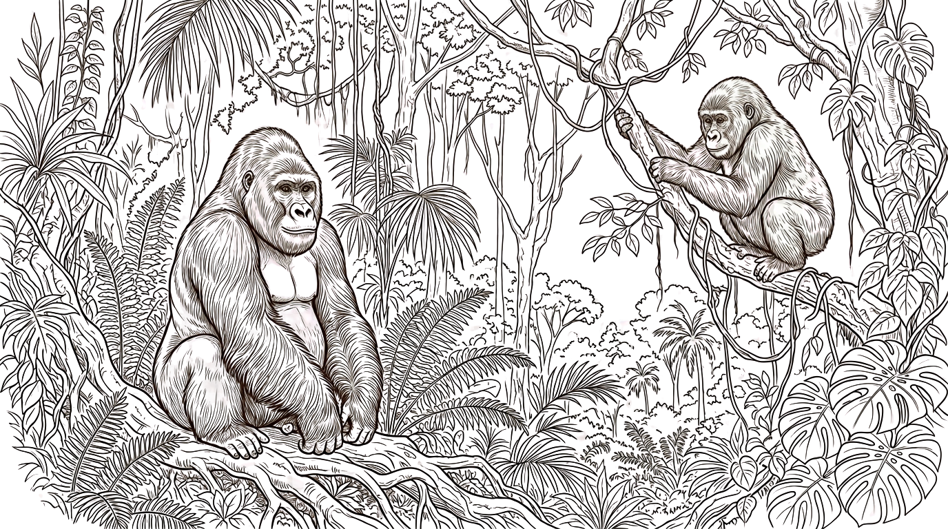 Illustration en noir et blanc de deux gorilles dans une jungle dense avec des plantes tropicales, l'un assis et l'autre aussi suspendu à une branche.