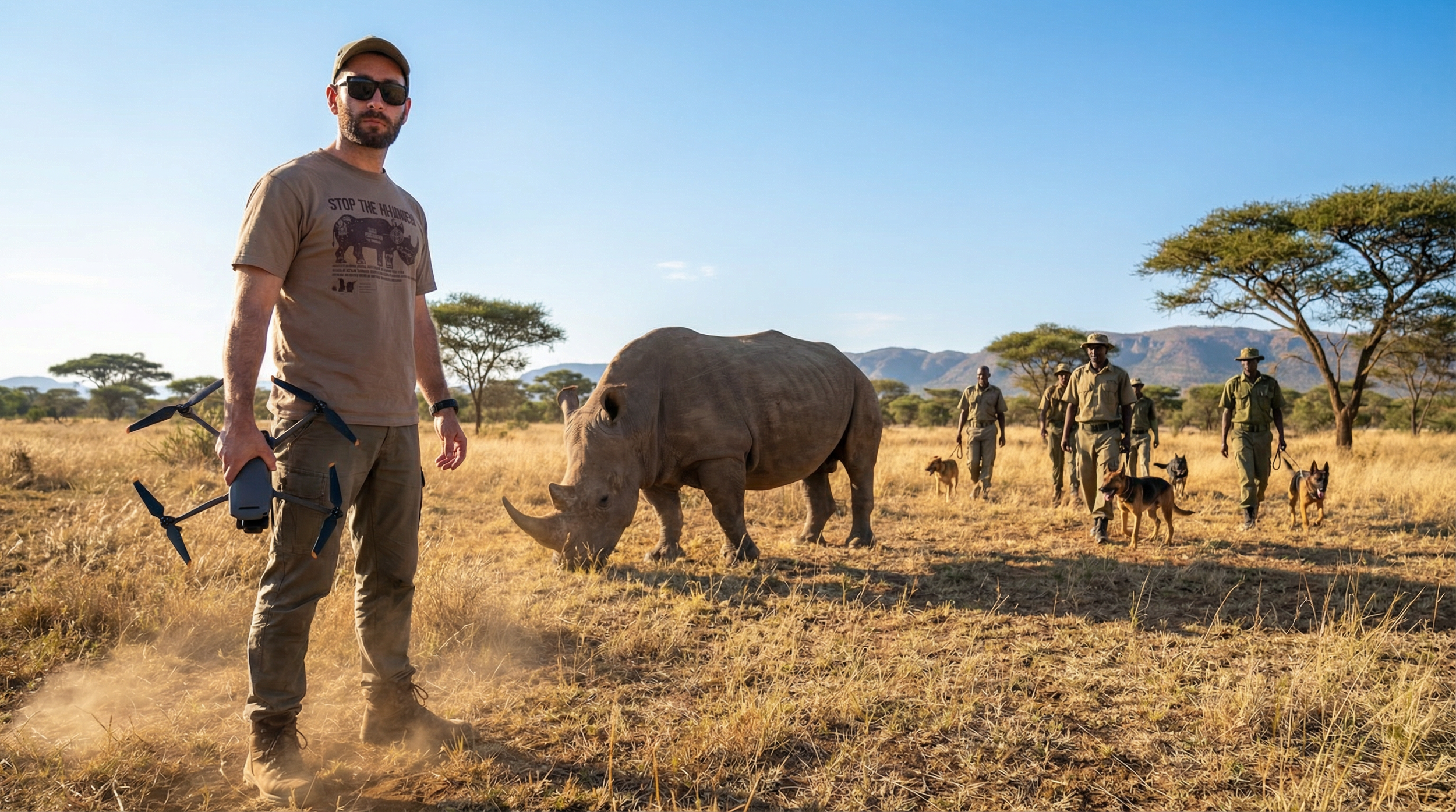 Un homme avec un drone dans une réserve africaine, entouré de gardes armés et de chiens, avec un rhinocéros à proximité, sous un ciel bleu et des arbres épars.