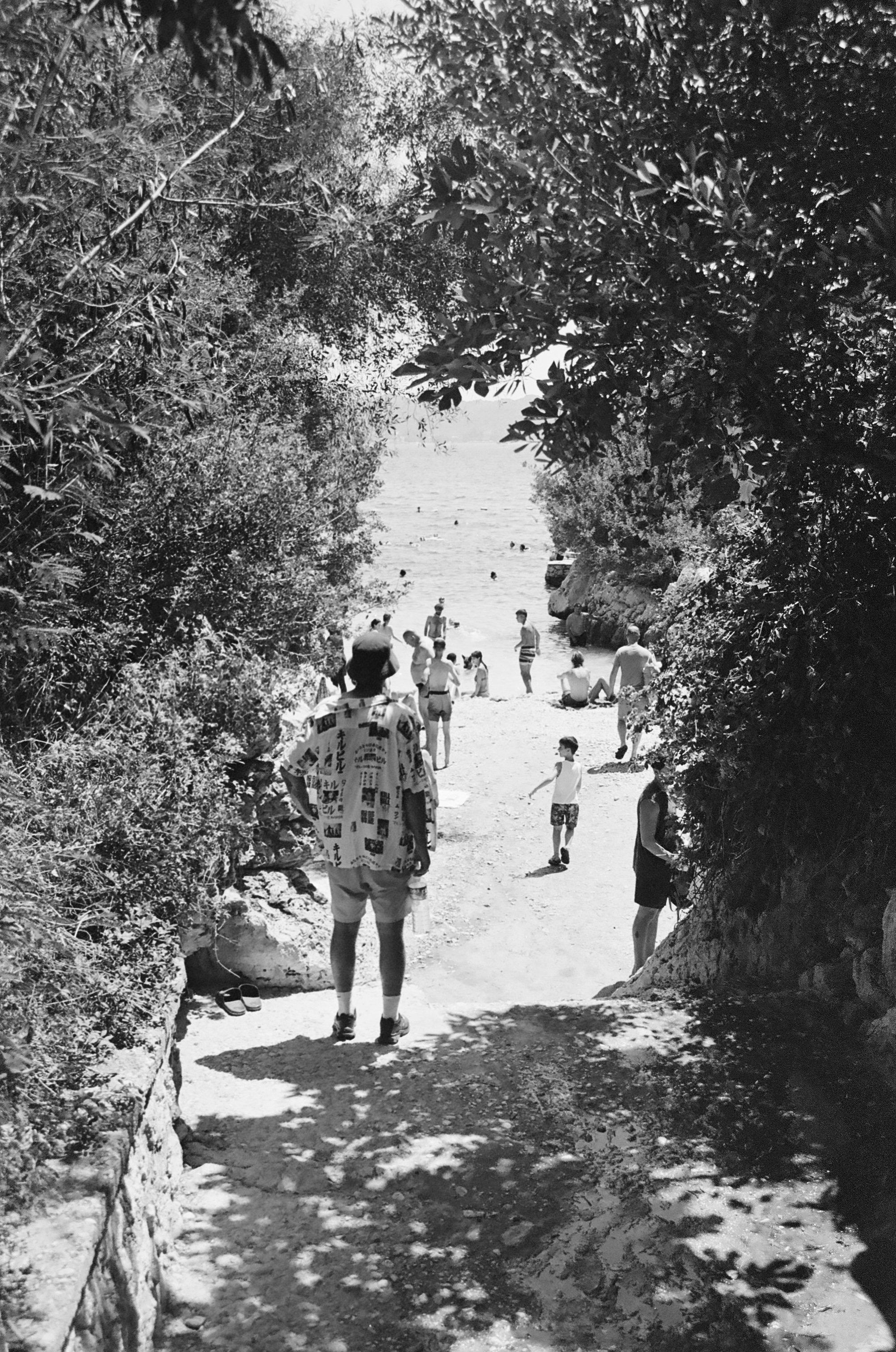 People on a beach, viewed from a shaded entrance surrounded by trees, with the ocean in the background.