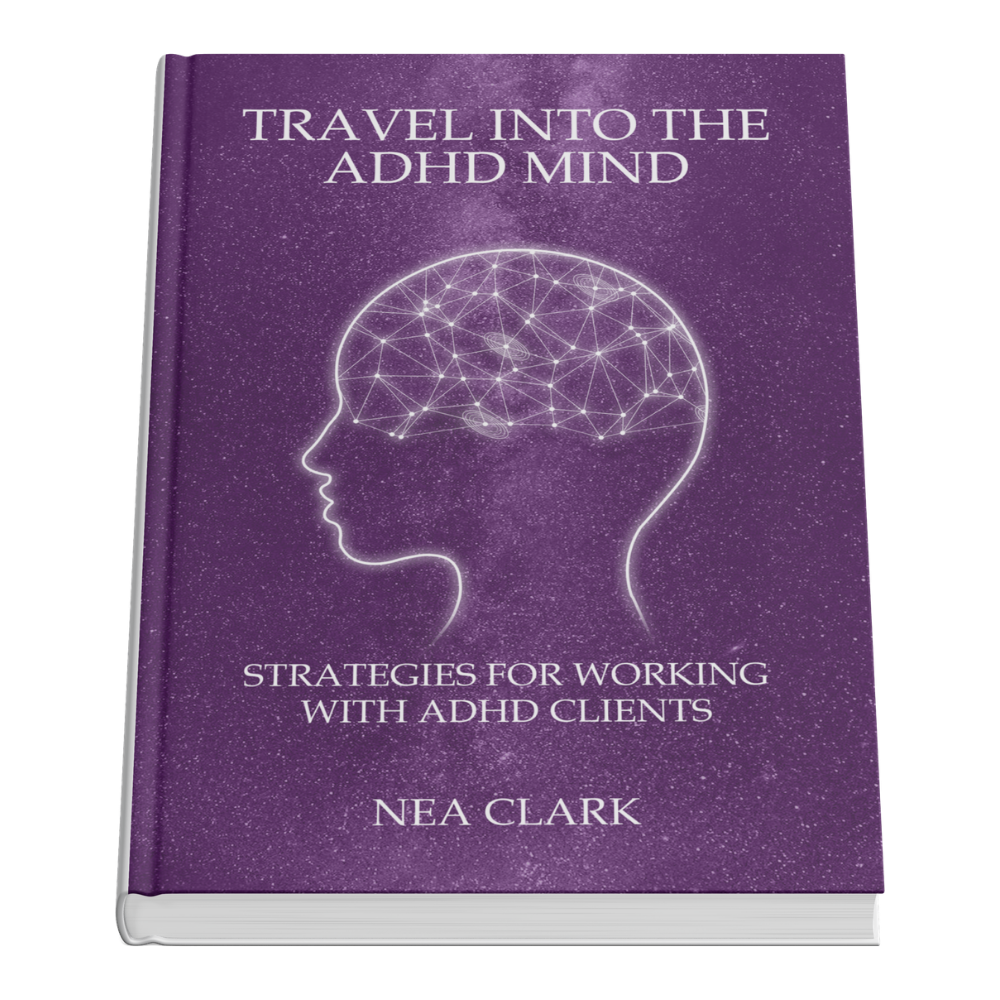 Purple book cover titled 'Travel into the ADHD Mind: Strategies for Working with ADHD Clients' by Nea Clark, featuring an illustration of a human head with a neural network pattern inside.