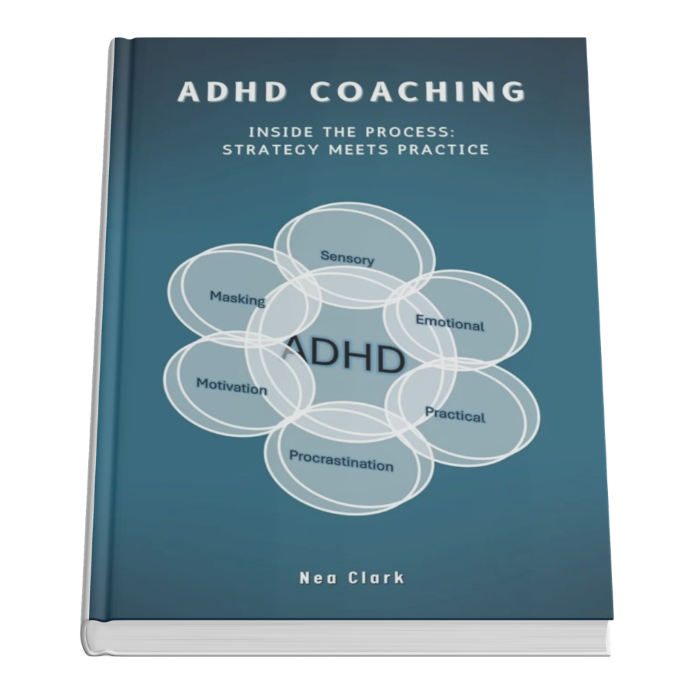 A teal hardcover book titled 'ADHD Coaching' by Neo Clark, with a subtitle 'Inside the Process: Strategy Meets Practice' and a diagram with overlapping circles labeled Sensory, Emotional, Practical, Masking, Motivation, and Procrastination.