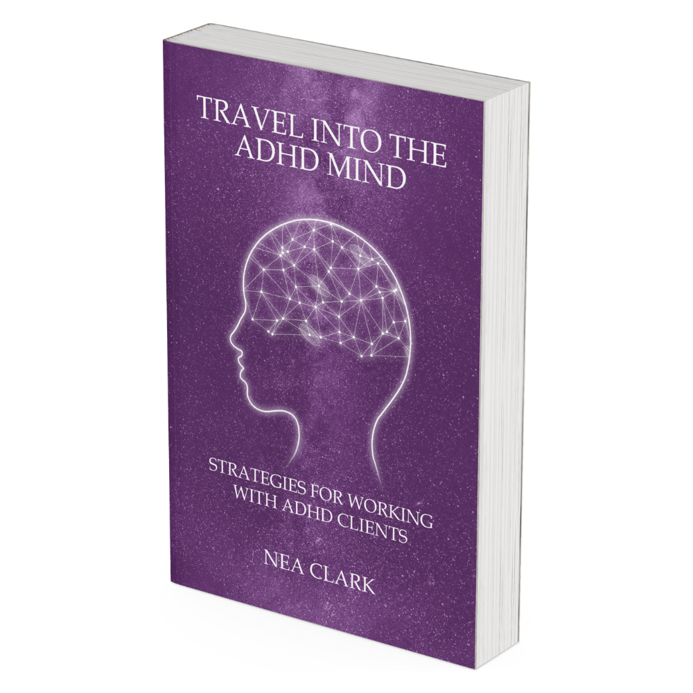Purple book cover titled 'Travel into the ADHD Mind: Strategies for Working with ADHD Clients' by Nea Clark, featuring an illustration of a human head with a neural network pattern inside.