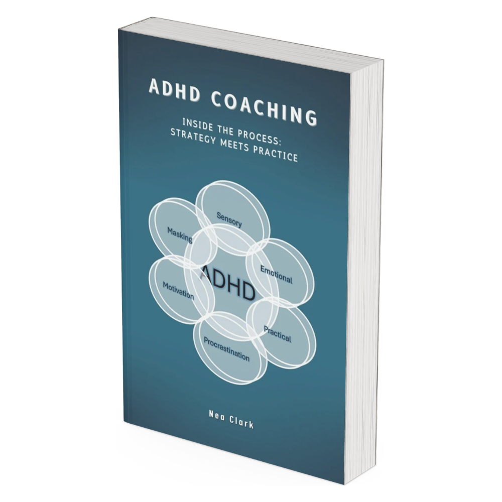 A teal hardcover book titled 'ADHD Coaching' by Neo Clark, with a subtitle 'Inside the Process: Strategy Meets Practice' and a diagram with overlapping circles labeled Sensory, Emotional, Practical, Masking, Motivation, and Procrastination.