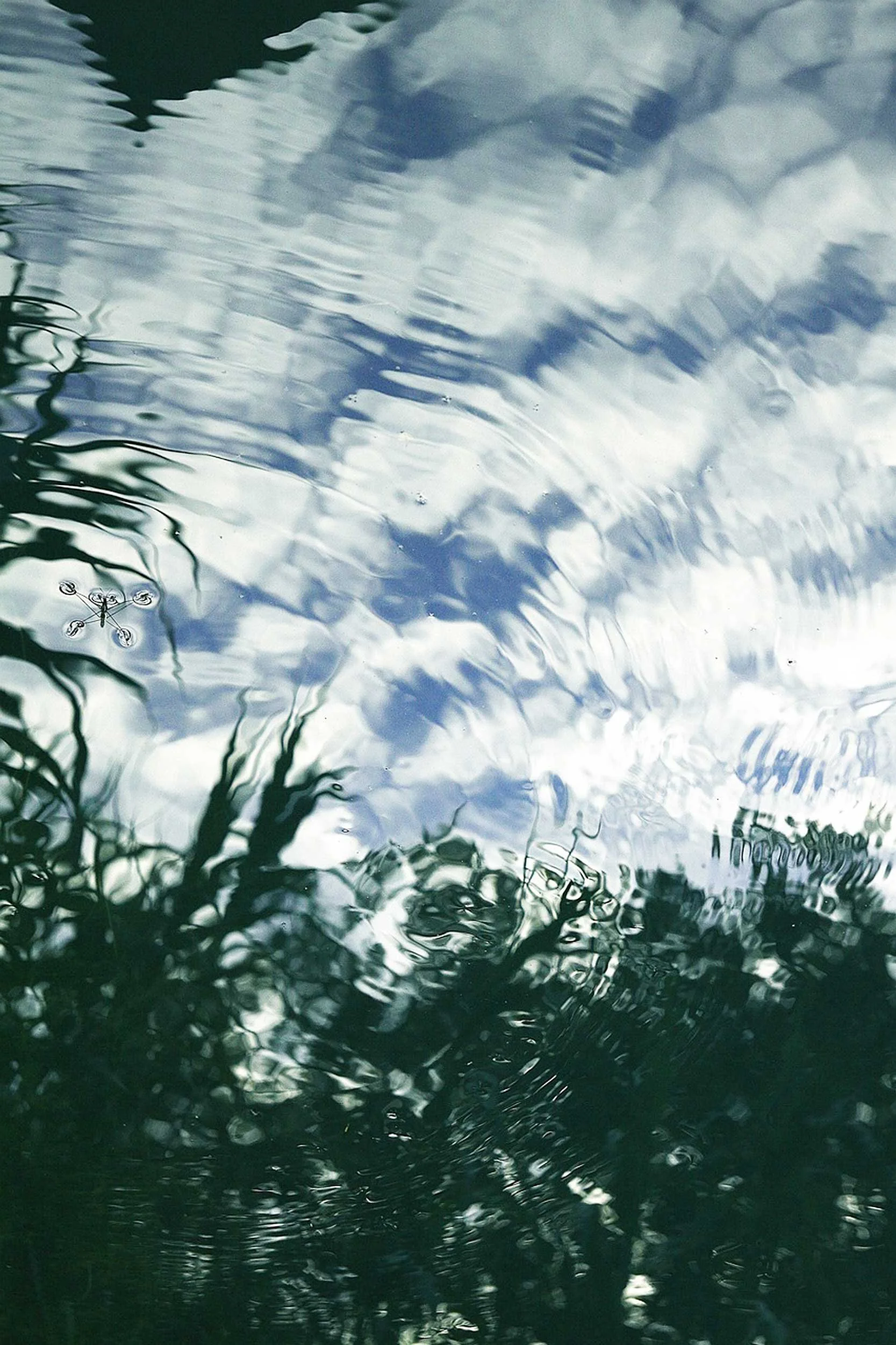 Sky and clouds reflected in rippling water