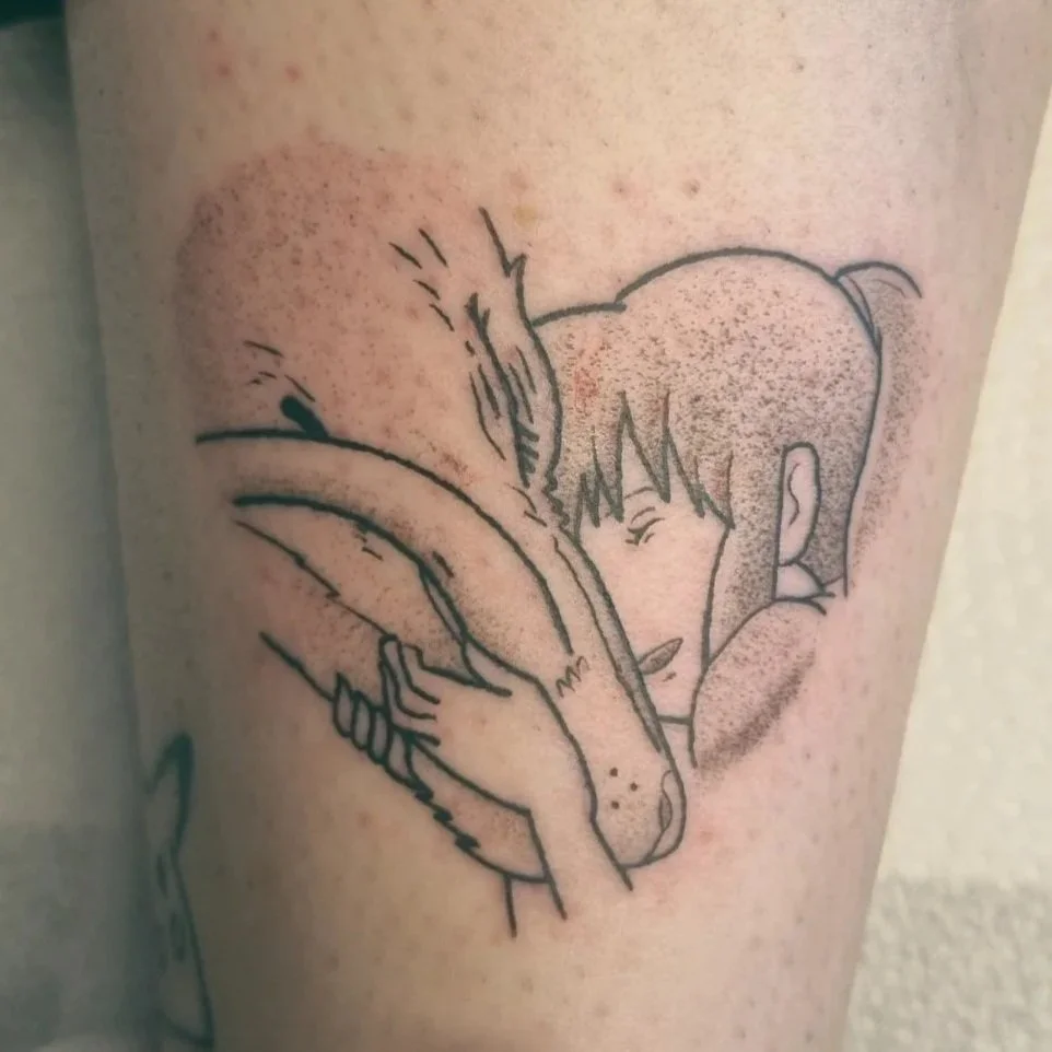 Line art tattoo of a woman and a dragon in a heart shape. san and Haku from Spirited Away Studio Ghibli film in light shaded grey style 