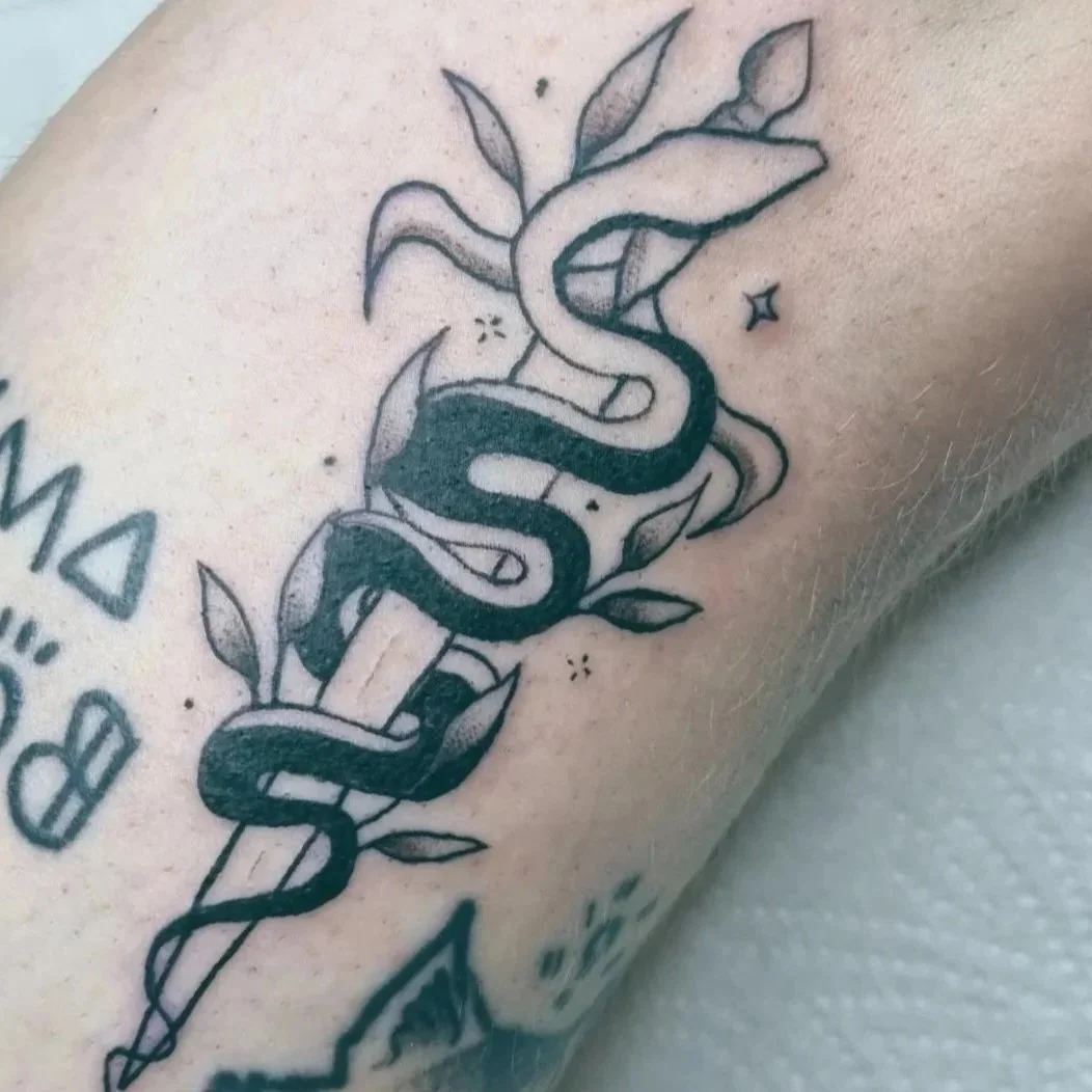 Illustrative botanical snake dagger tattoo 
