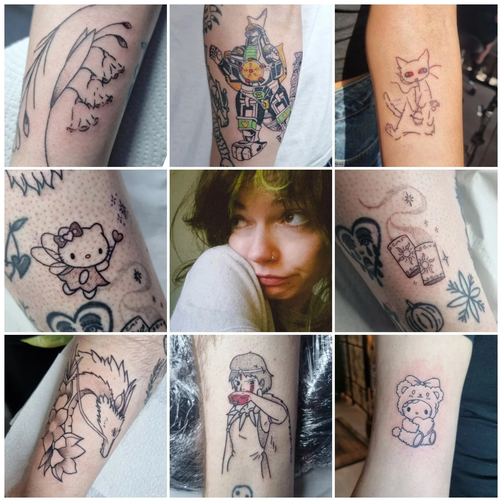 Collage of nine photos showing various small, minimalist tattoos on different people's arms, featuring characters like a dragon, a robot, a cat, Hello Kitty with fairy wings, a girl with a hat, a bear, and design elements like flowers, bottles, and a fox.