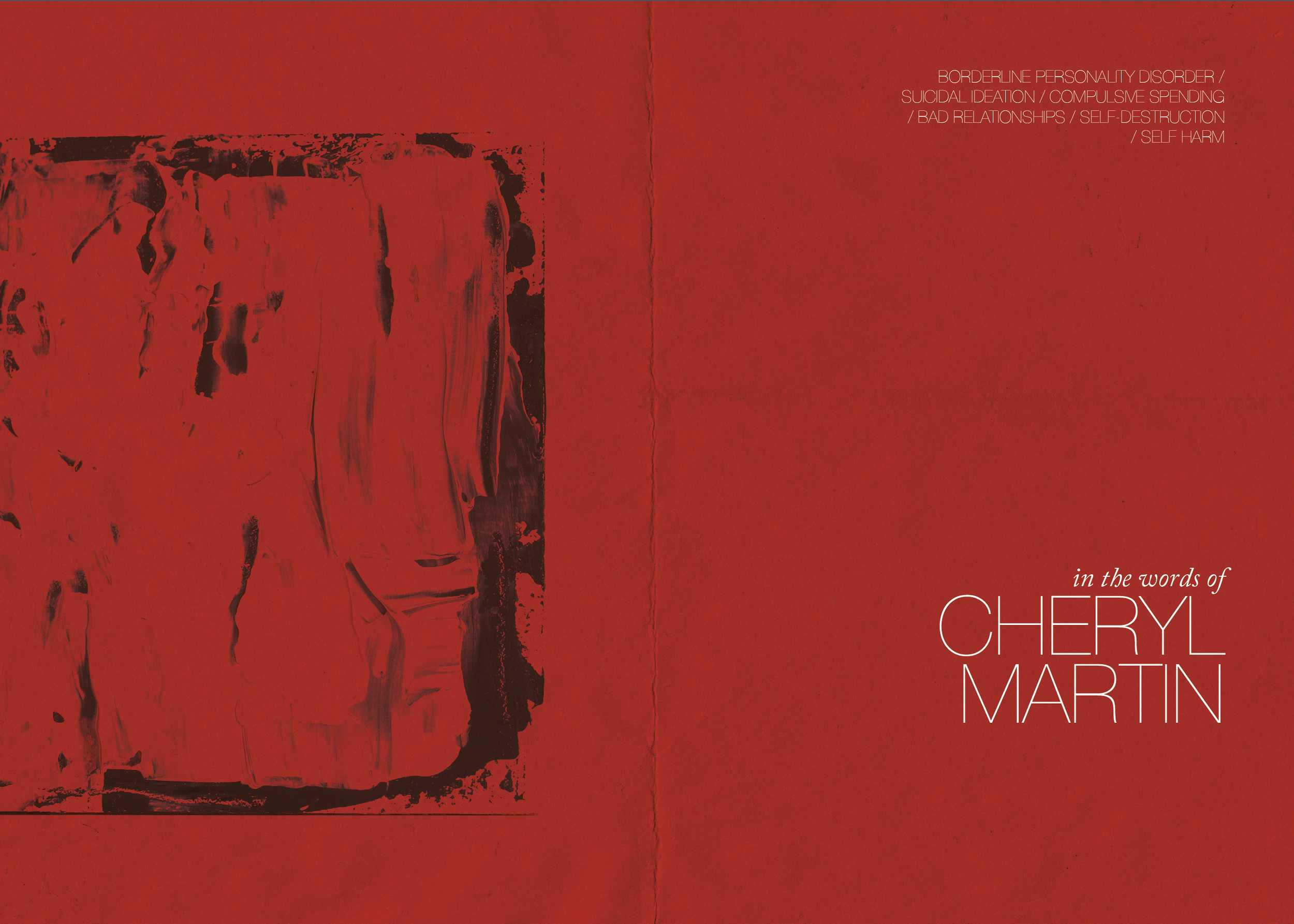 Red book cover with abstract black design on the left and white text on the right that reads 'in the words of CHERYL MARTIN'