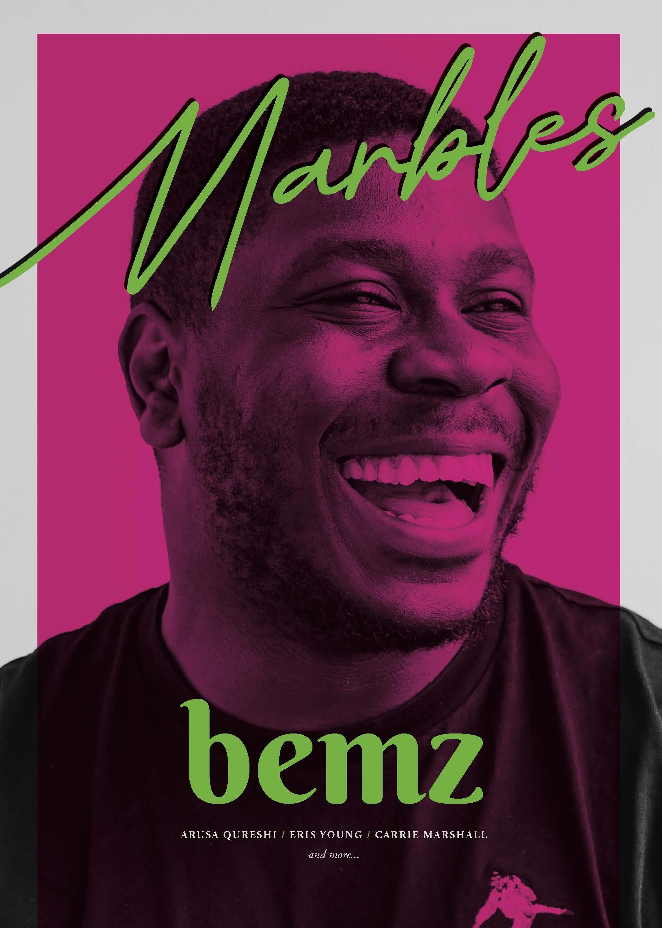 Book cover featuring a smiling man, with a pink background and green text that reads 'Marbles.' A cover for Marbles Magazine featuring Bemz