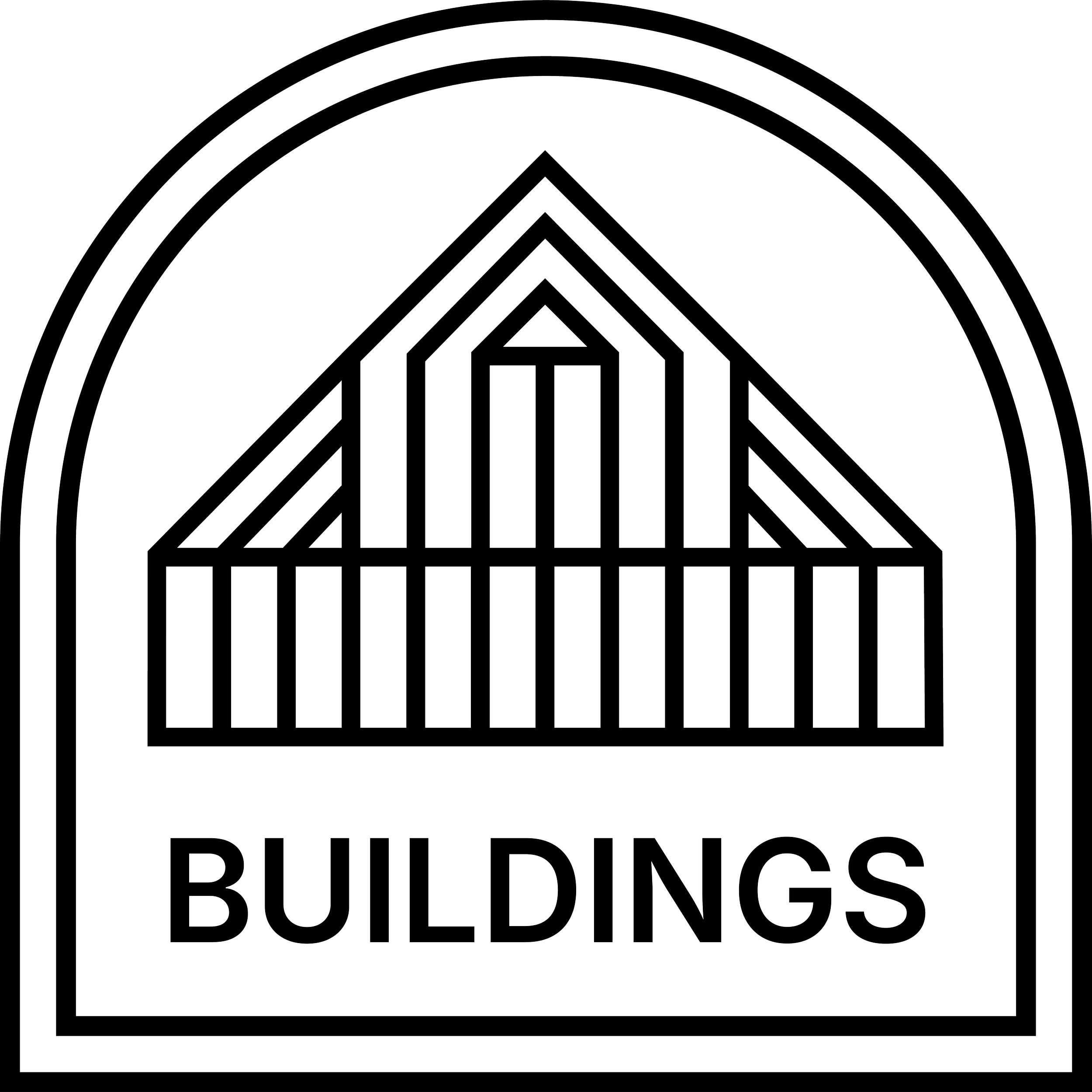 Black background with a white outlined geometric design resembling an abstract house or building with wires or lines radiating outwards, and the text 'BUILDINGS' at the bottom.