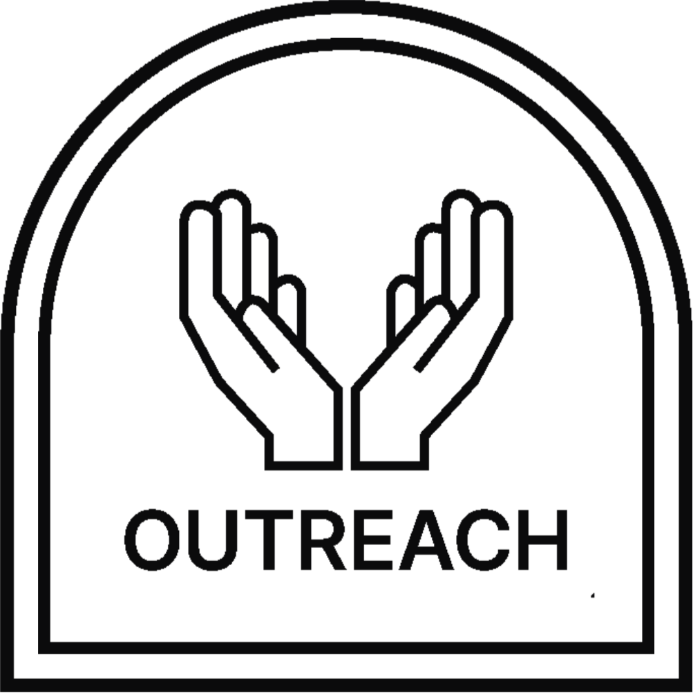 Icon of two hands cupped together with the word OUTREACH underneath, enclosed within a rounded arch.