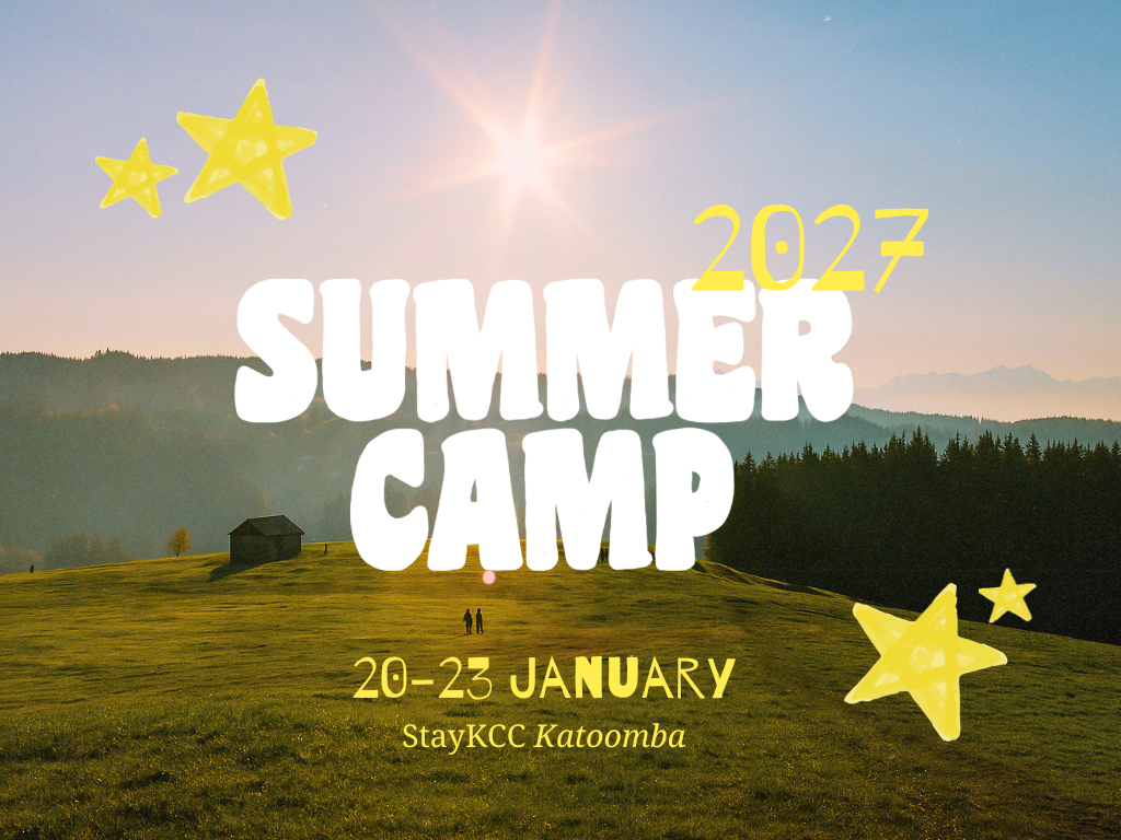 A scenic landscape of a grassy hill under a bright sun with mountains in the distance, overlaid with text and yellow star illustrations promoting the 2027 Summer Camp event from January 20 to 23 at StayKCC Katoomba.