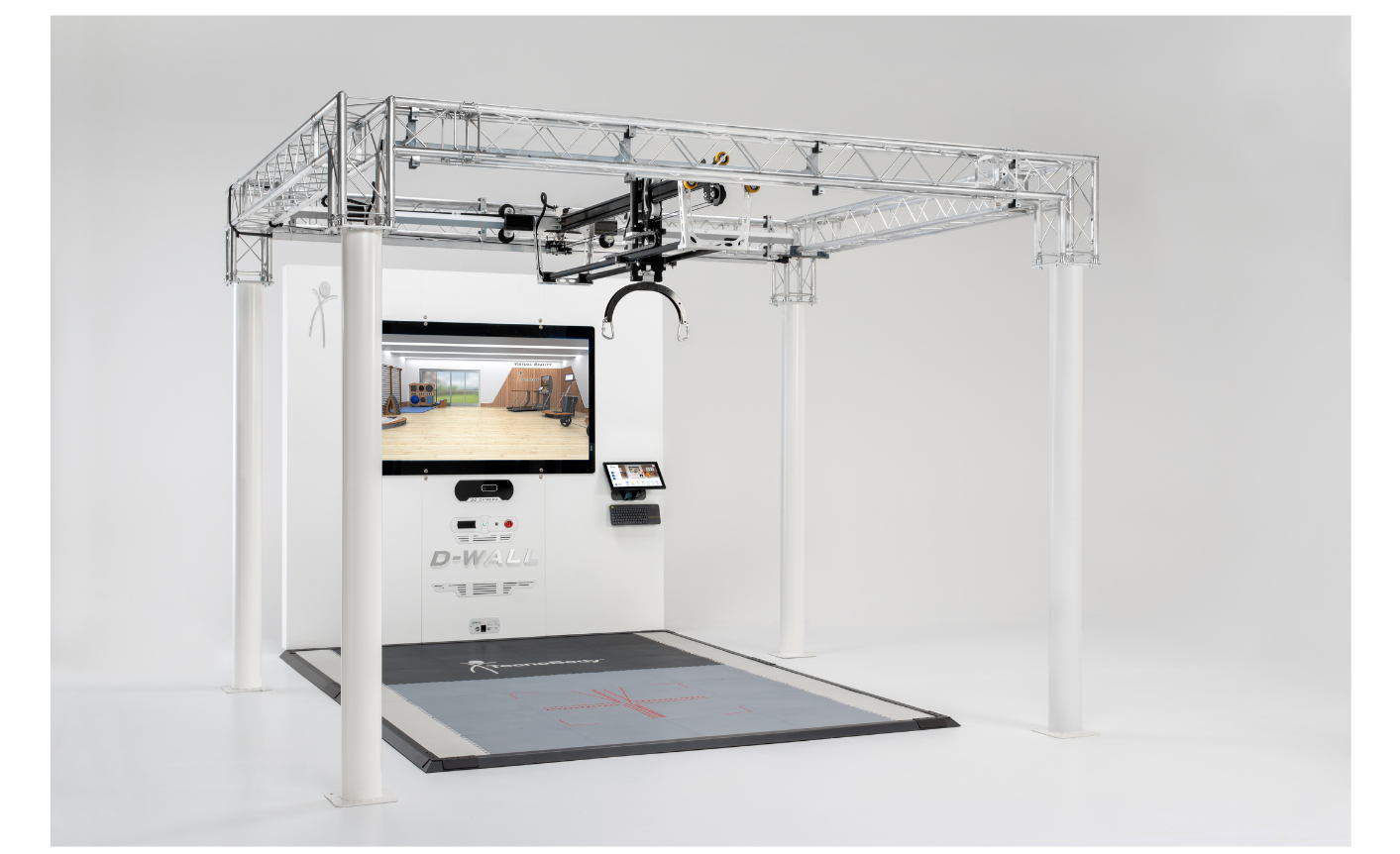 A robotic gait training system with a metal frame, a treadmill, and a large screen for visual feedback, designed for rehabilitation therapy.