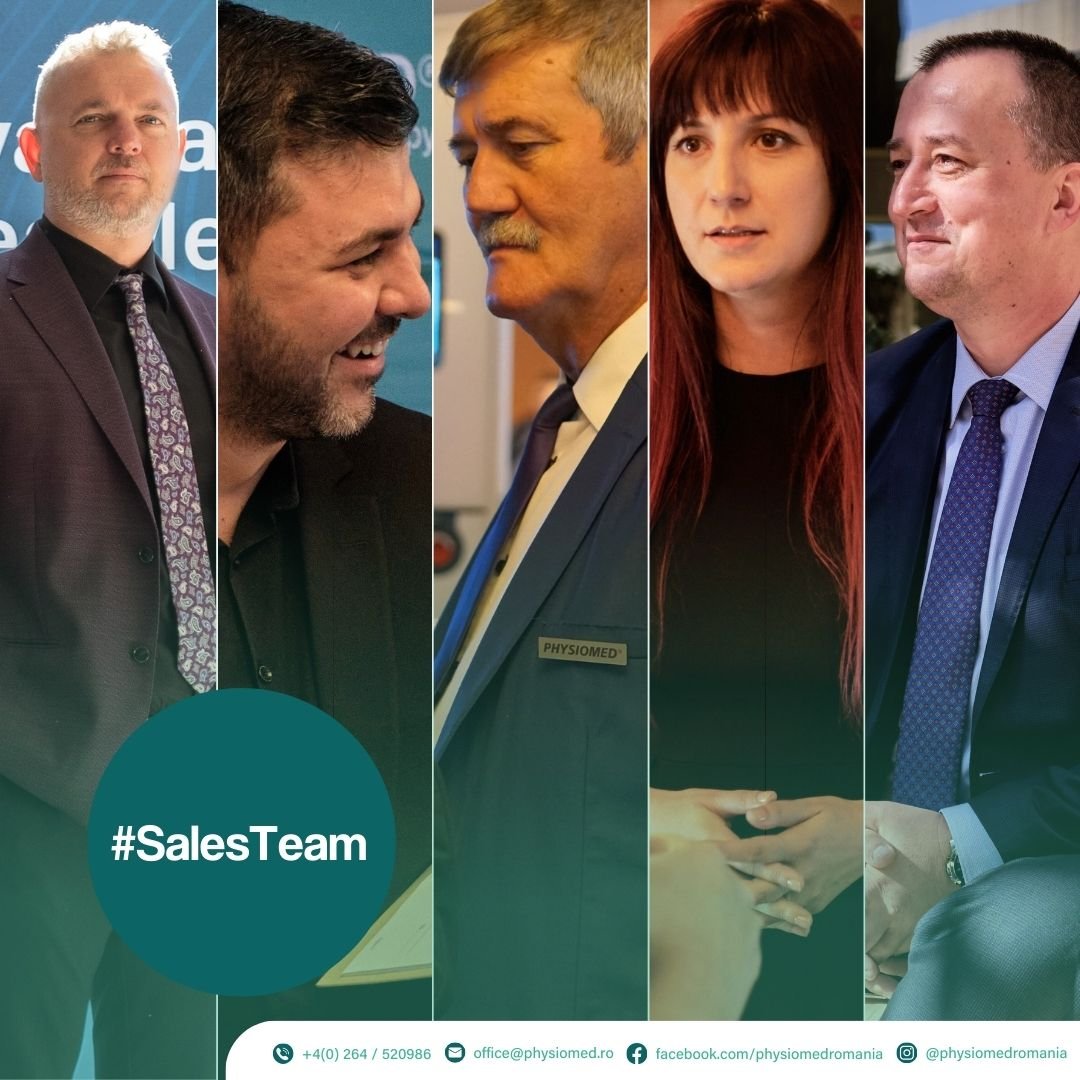 A collage of five diverse professionals, four men and one woman, in formal attire, engaging in conversations and smiling, with a teal circle that has the hashtag #SalesTeam, and contact information at the bottom.