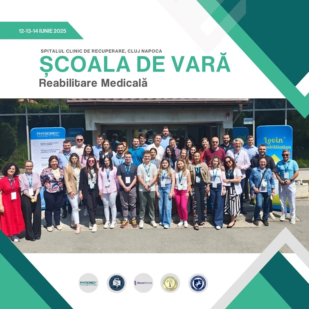 Group of people standing outside a medical rehabilitation clinic during a summer school event in June 2025.