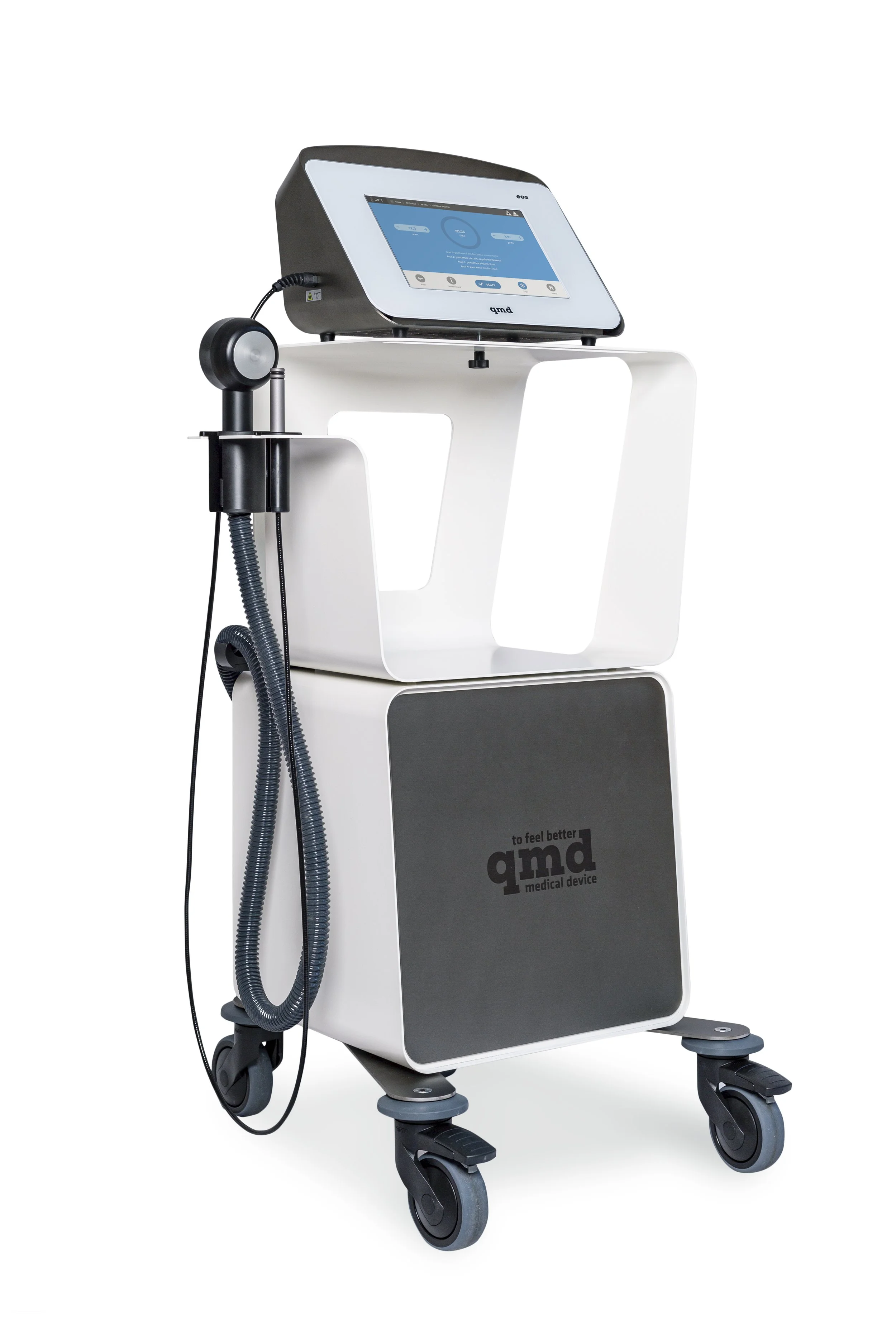 Medical device on a wheeled stand with a touchscreen display and attached handheld probe.