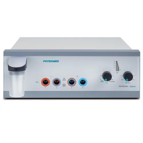 Medical device with control knobs and connection ports, labeled 'PHYSIOMED' and 'PHYSIOVAC Expert'