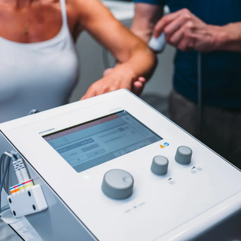 Medical device with screen and controls, possibly a portable diagnostic or therapeutic machine, connected to cables, with two people touching or interacting with it.