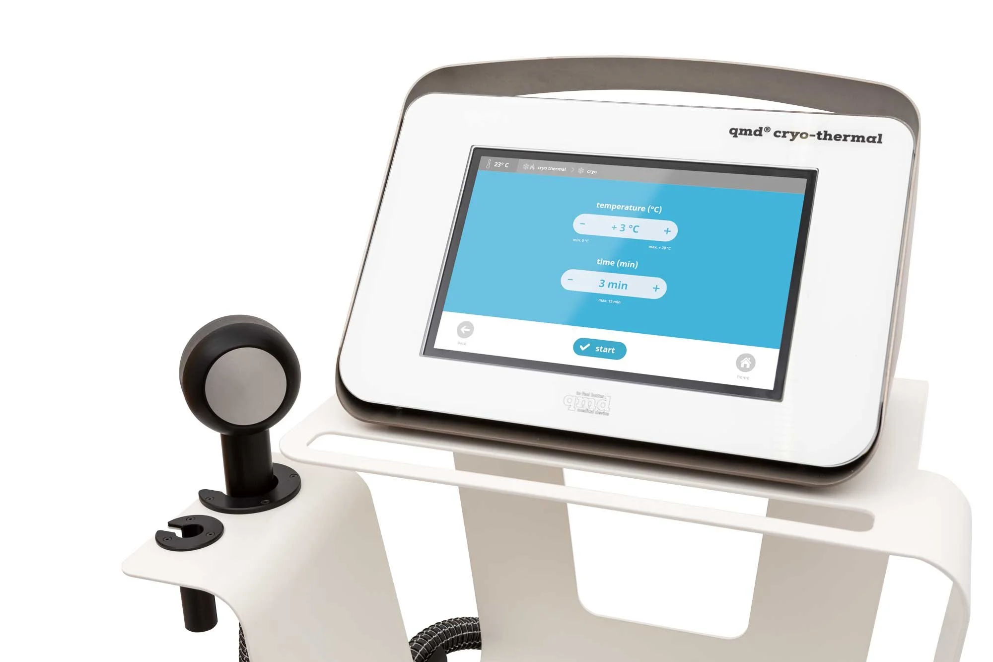 Medical device labeled "qmd cryo-thermal" with a touchscreen display showing temperature and time settings, a round black handle attached to the device, and additional connected components on a white stand.