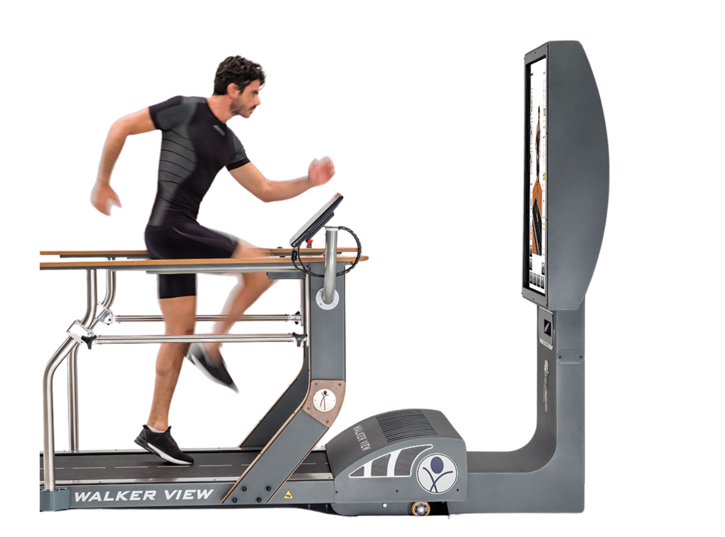 A man running on a treadmill with a screen in front of him.