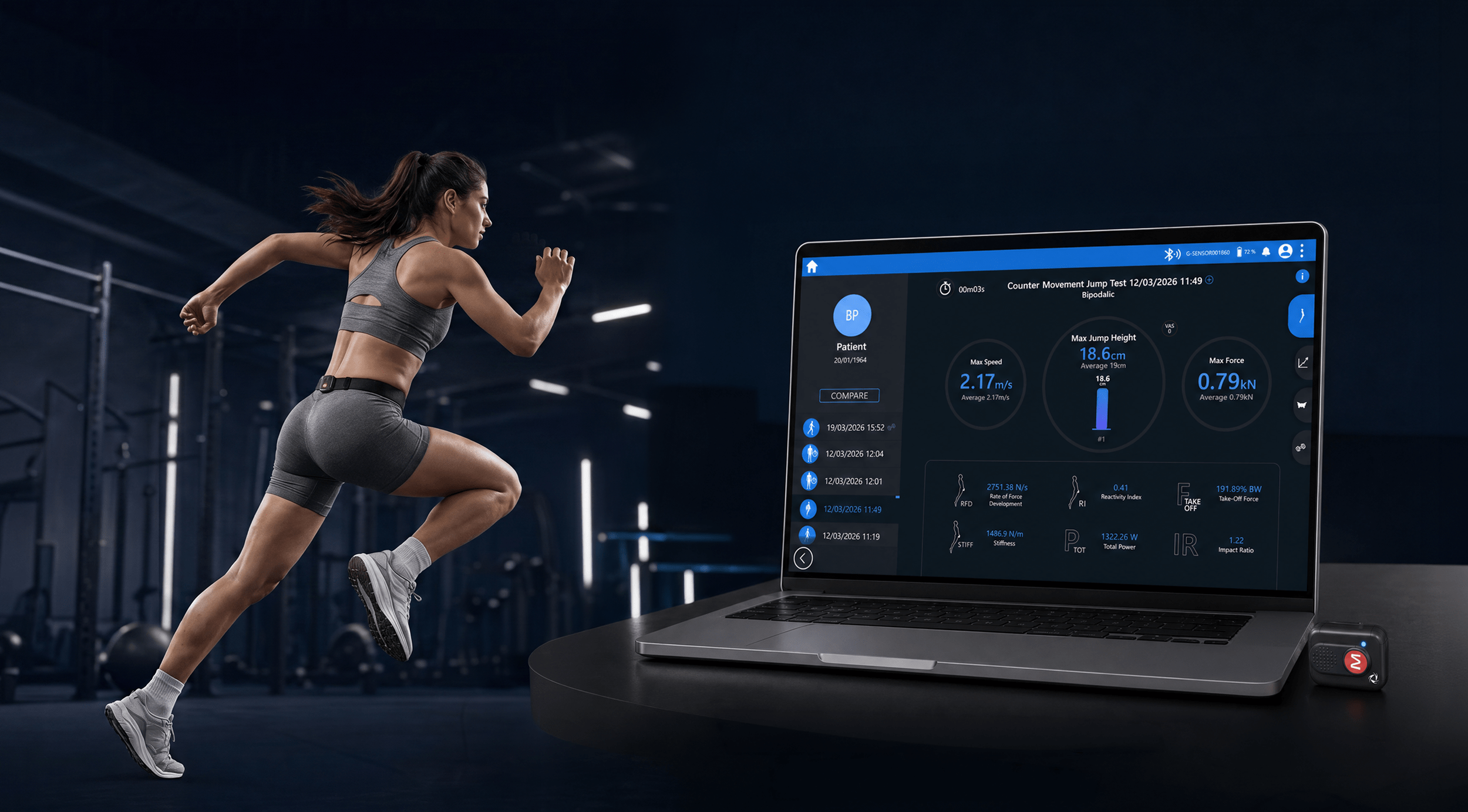 A woman in athletic clothing performing a jump in a gym with a large screen displaying data related to a counter movement jump test, including maximum jump height, speed, force, and other metrics.