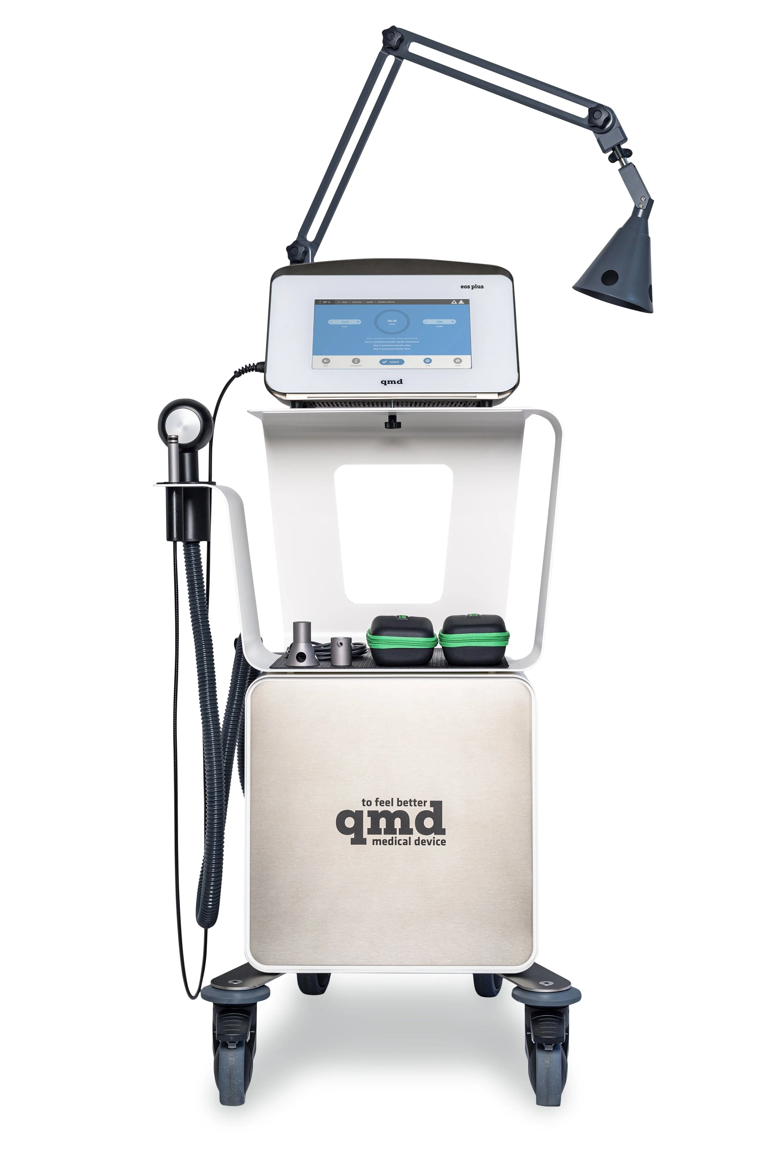 Medical device on a wheeled stand with a screen, flexible arm with a lamp, and a handpiece connected by a cord, branded with 'gmd' and slogan 'to feel better'.